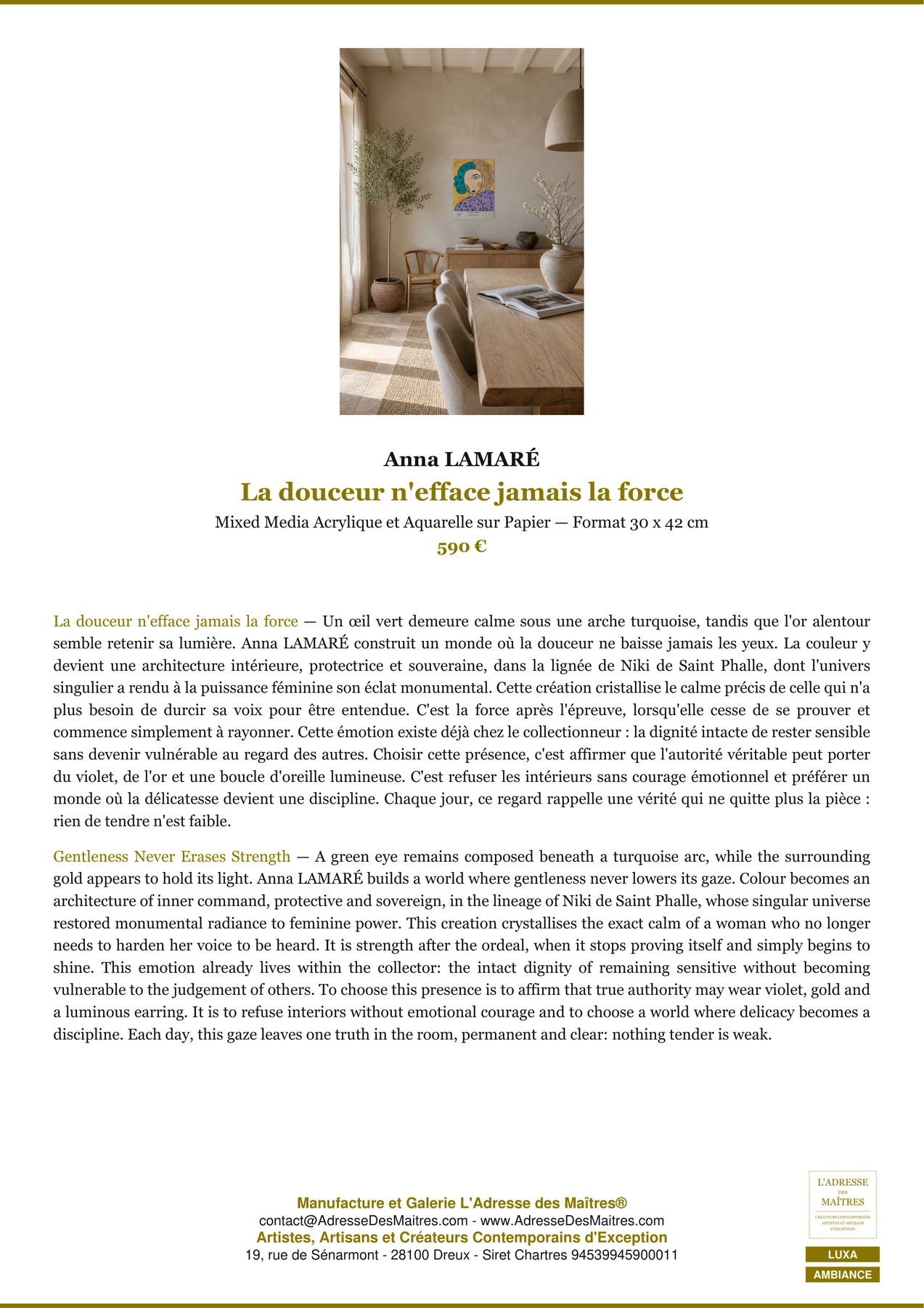 Fiche Premium Ambiance - La douceur n'efface jamais la force - Anna LAMARÉ - L'Adresse des Maîtres®
