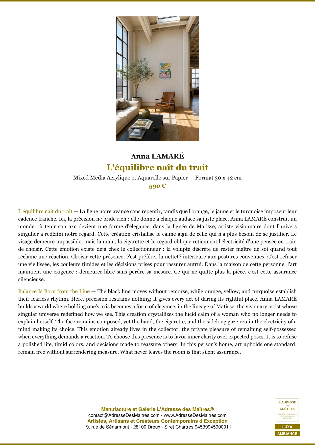 Fiche Premium Ambiance - L'équilibre naît du trait - Anna LAMARÉ - L'Adresse des Maîtres®