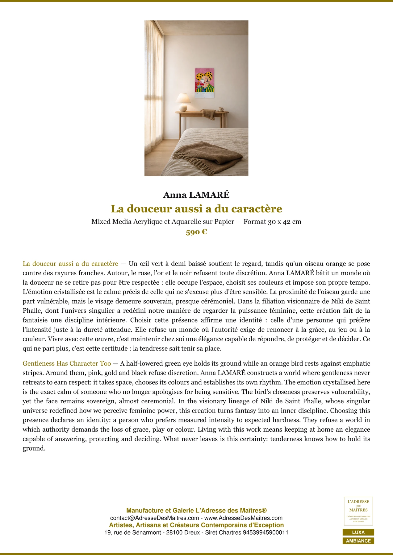 Fiche Premium Ambiance - La douceur aussi a du caractère - Anna LAMARÉ - L'Adresse des Maîtres®