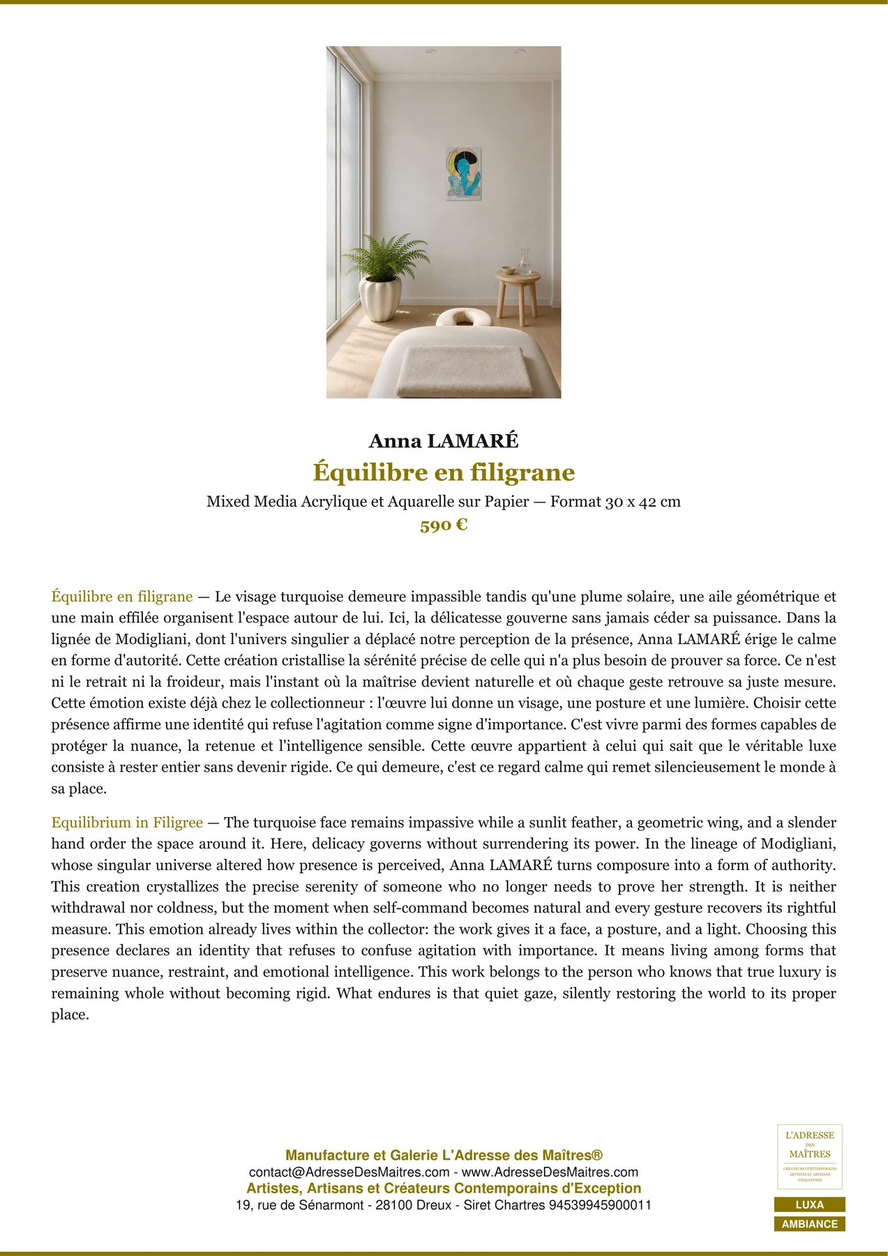 Fiche Premium Ambiance - Équilibre en filigrane - Anna LAMARÉ - L'Adresse des Maîtres®