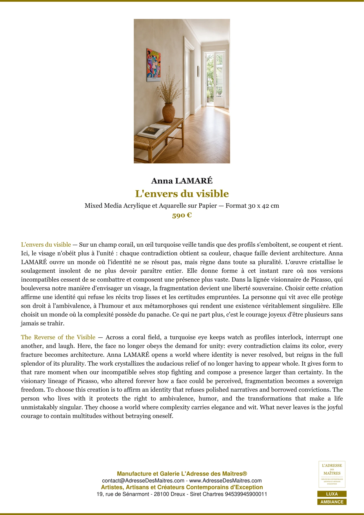 Fiche Premium Ambiance - L'envers du visible - Anna LAMARÉ - L'Adresse des Maîtres®