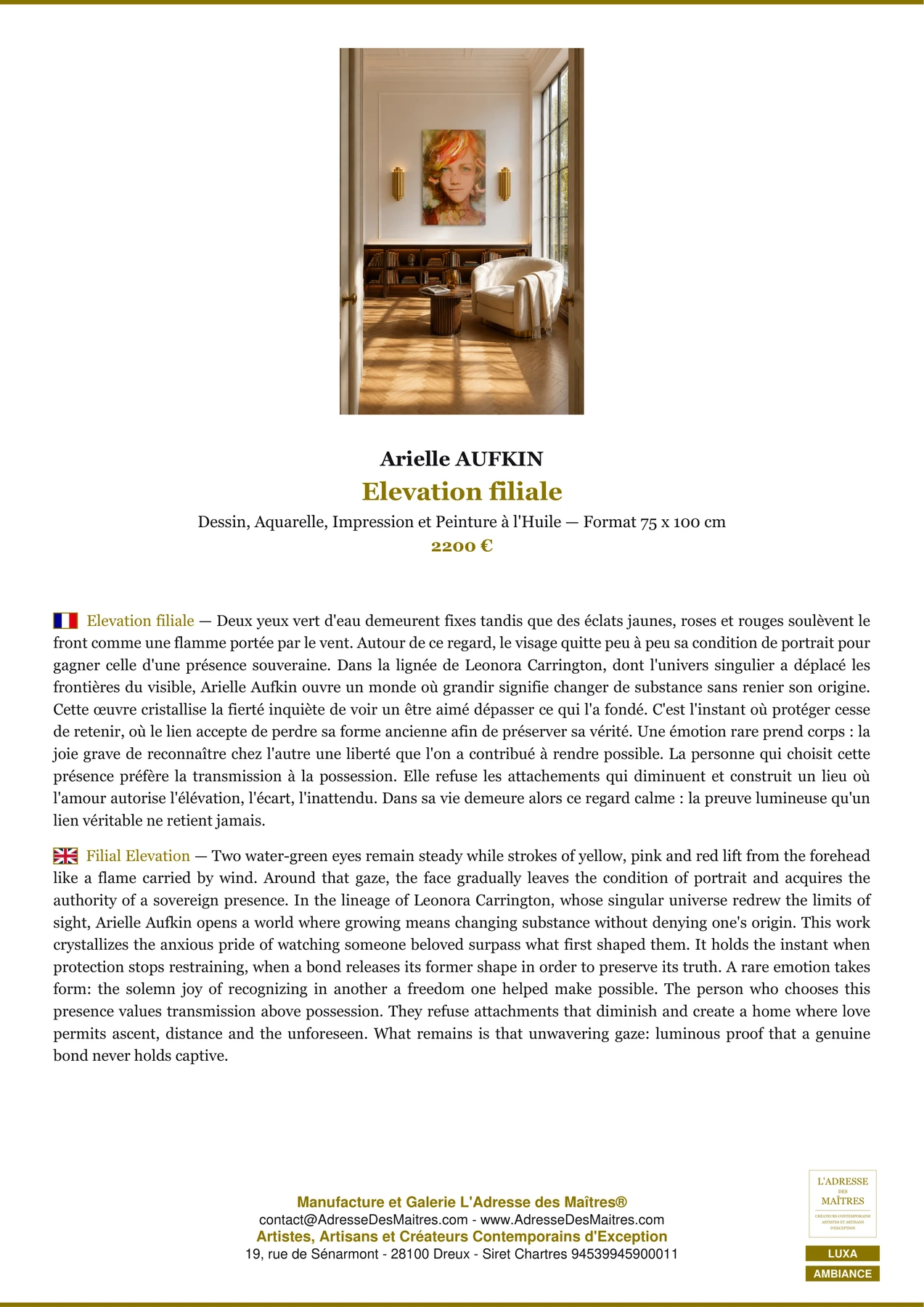 Fiche Premium Ambiance - Elevation filiale - Arielle AUFKIN - L'Adresse des Maîtres®