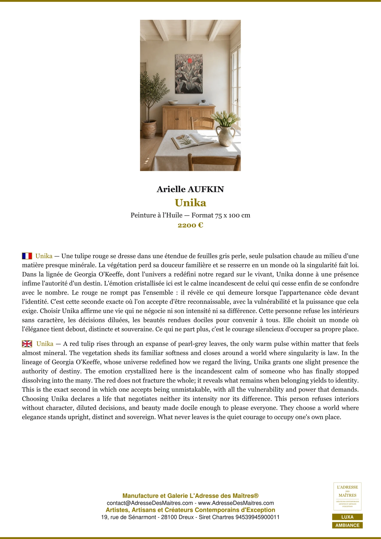 Fiche Premium Ambiance - Unika - Arielle AUFKIN - L'Adresse des Maîtres®