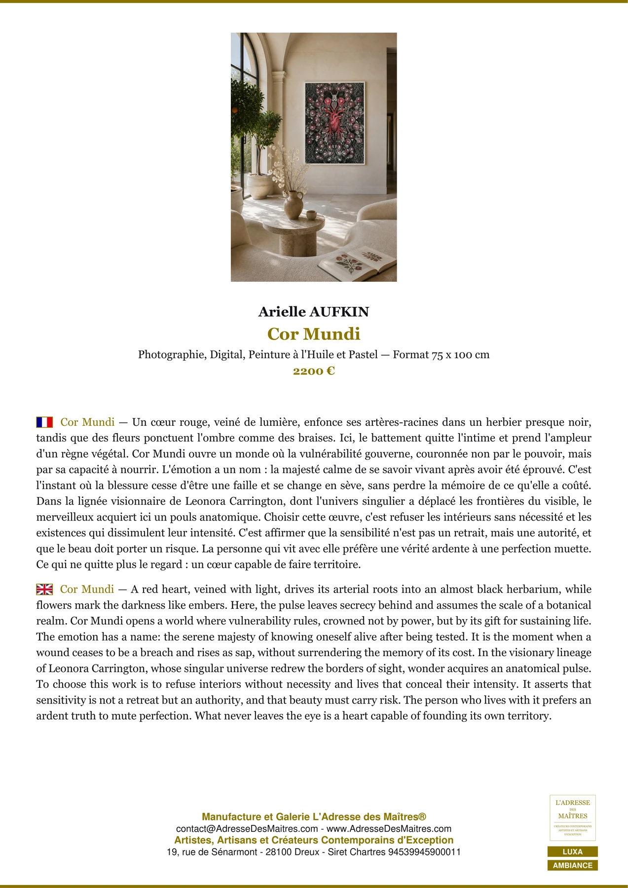 Fiche Premium Ambiance - Cor Mundi - Arielle AUFKIN - L'Adresse des Maîtres®