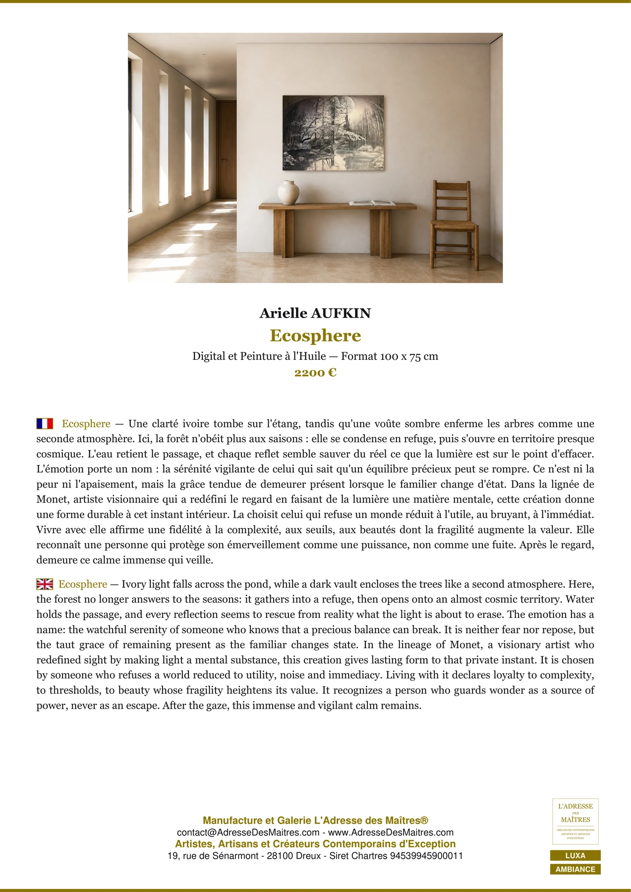 Fiche Premium Ambiance - Ecosphere - Arielle AUFKIN - L'Adresse des Maîtres®