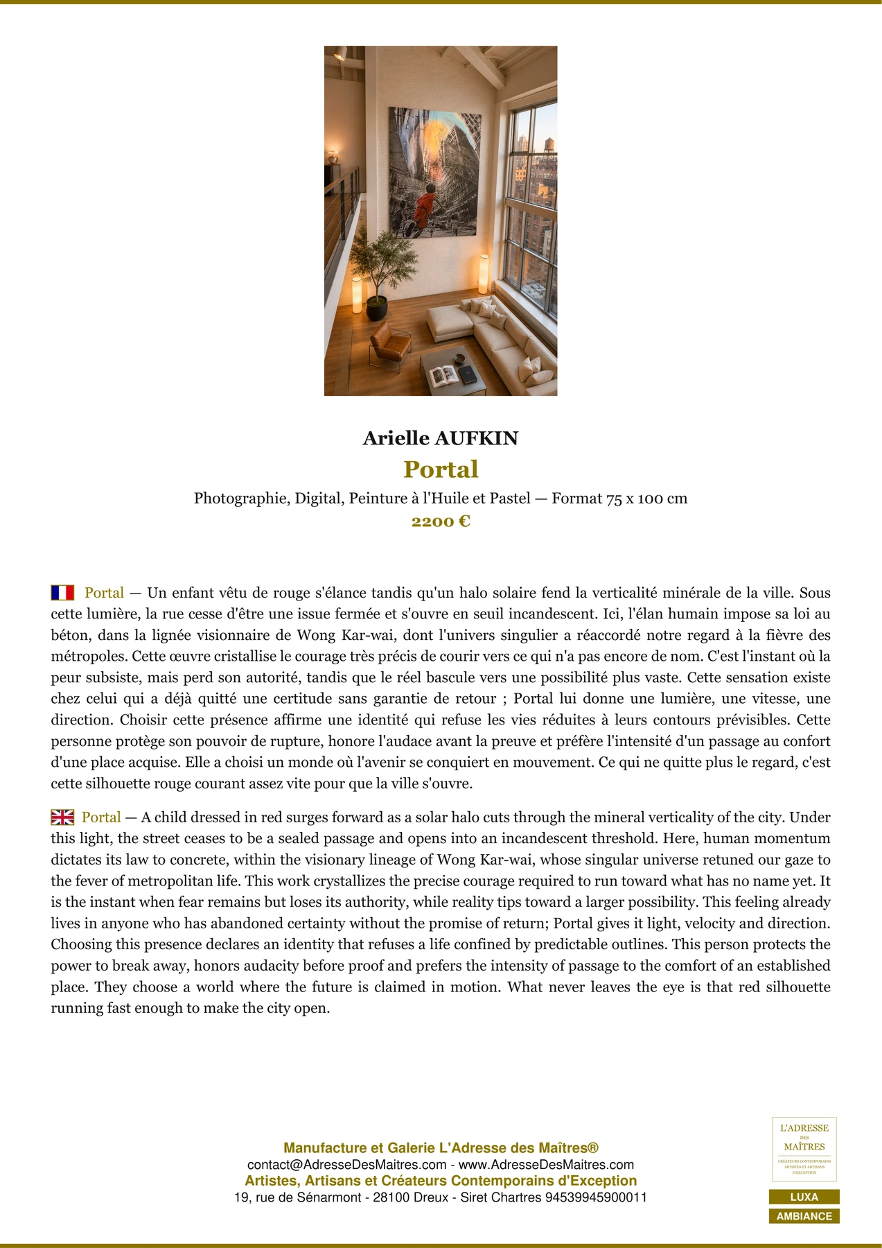 Fiche Premium Ambiance - Portal - Arielle AUFKIN - L'Adresse des Maîtres®