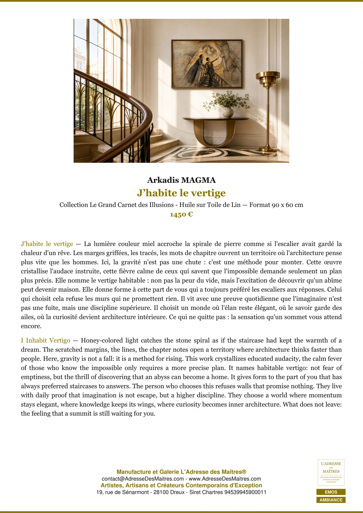 Fiche Premium Ambiance - J’habite le vertige - Arkadis MAGMA - L'Adresse des Maîtres®