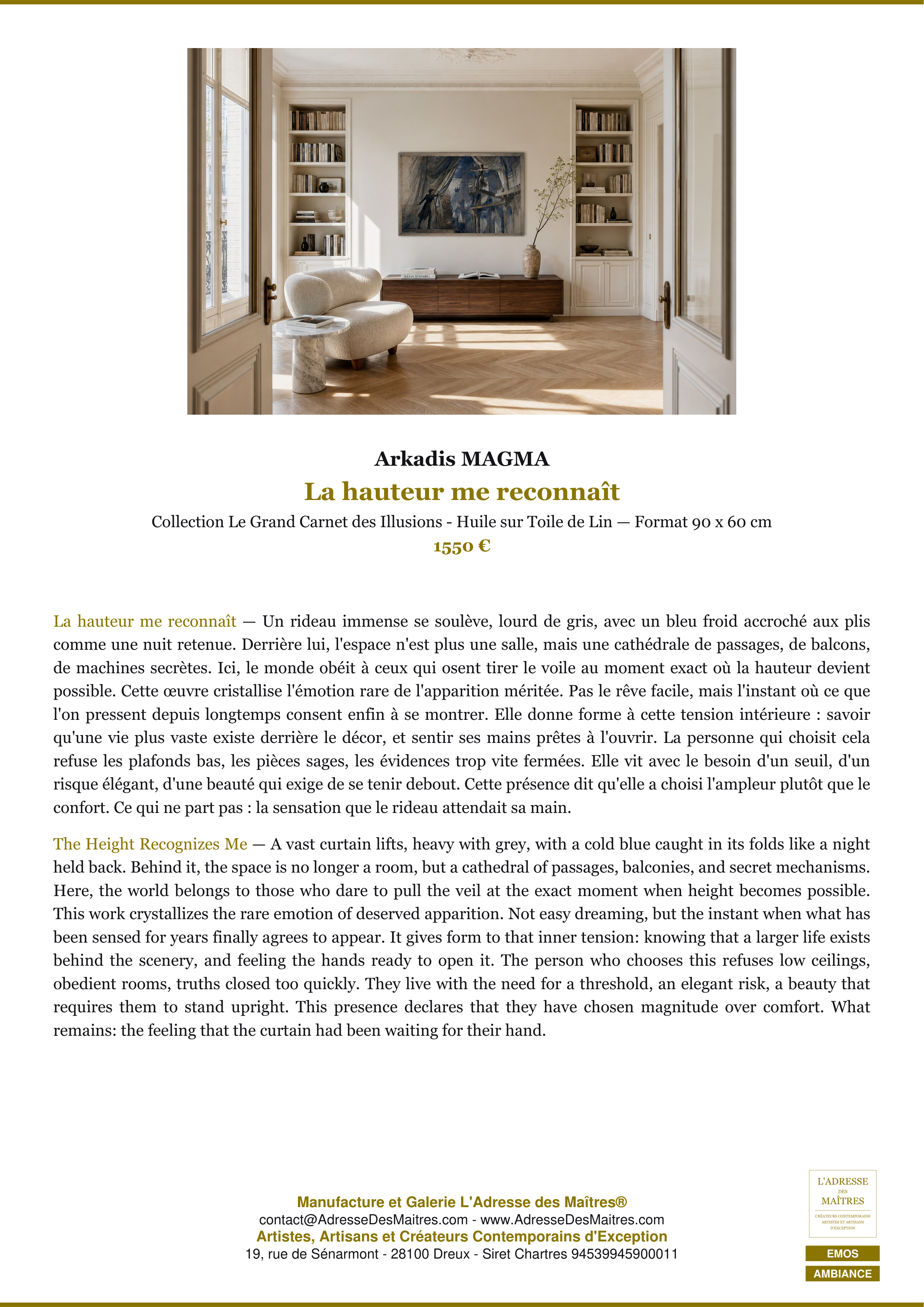 Fiche Premium Ambiance — La hauteur me reconnaît — Arkadis MAGMA — L'Adresse des Maîtres®