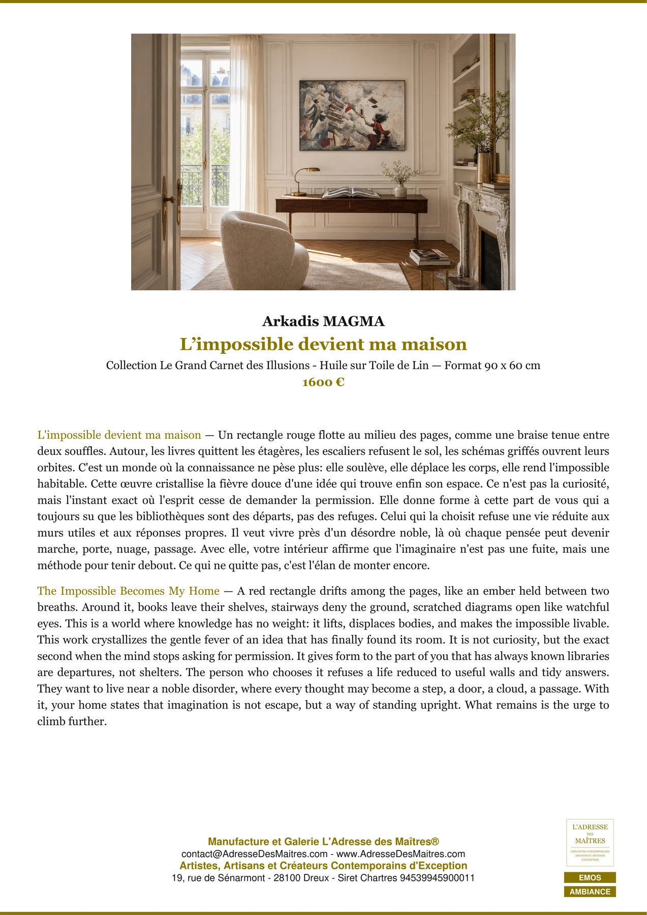 Fiche Premium Ambiance - L’impossible devient ma maison - Arkadis MAGMA - L'Adresse des Maîtres®