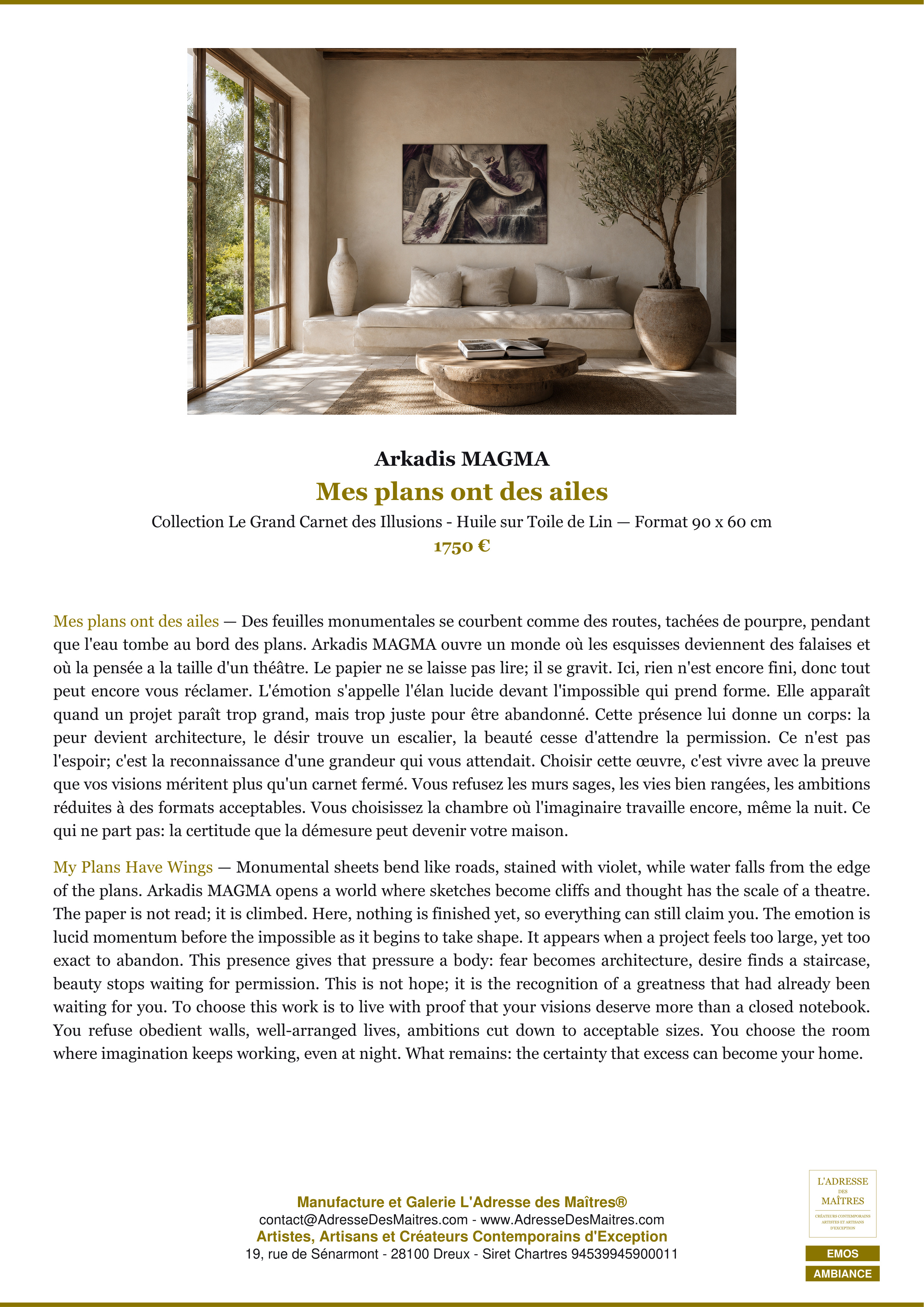 Fiche Premium Ambiance — Mes plans ont des ailes — Arkadis MAGMA — L'Adresse des Maîtres®