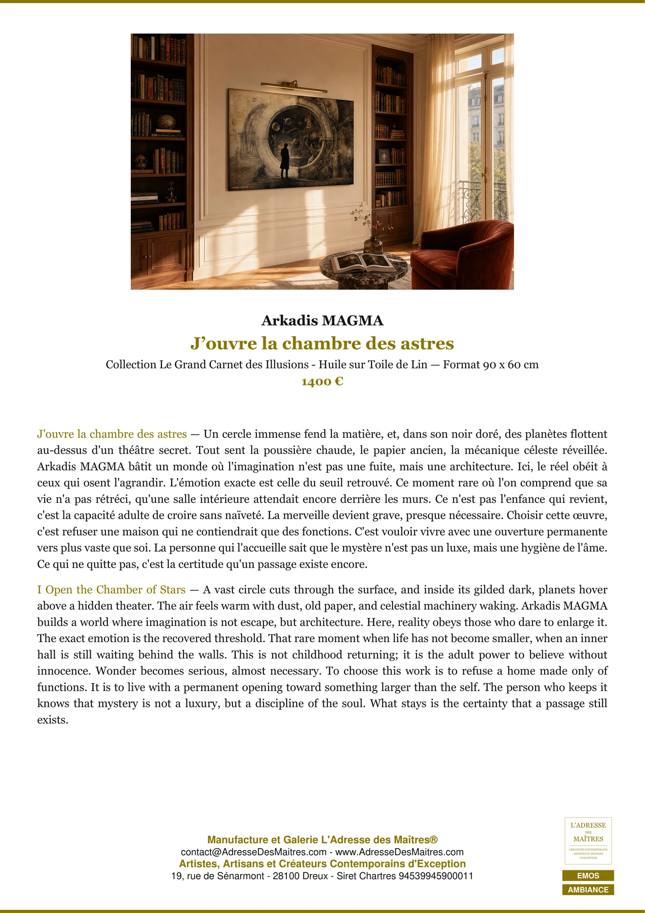 Fiche Premium Ambiance - J’ouvre la chambre des astres - Arkadis MAGMA - L'Adresse des Maîtres®