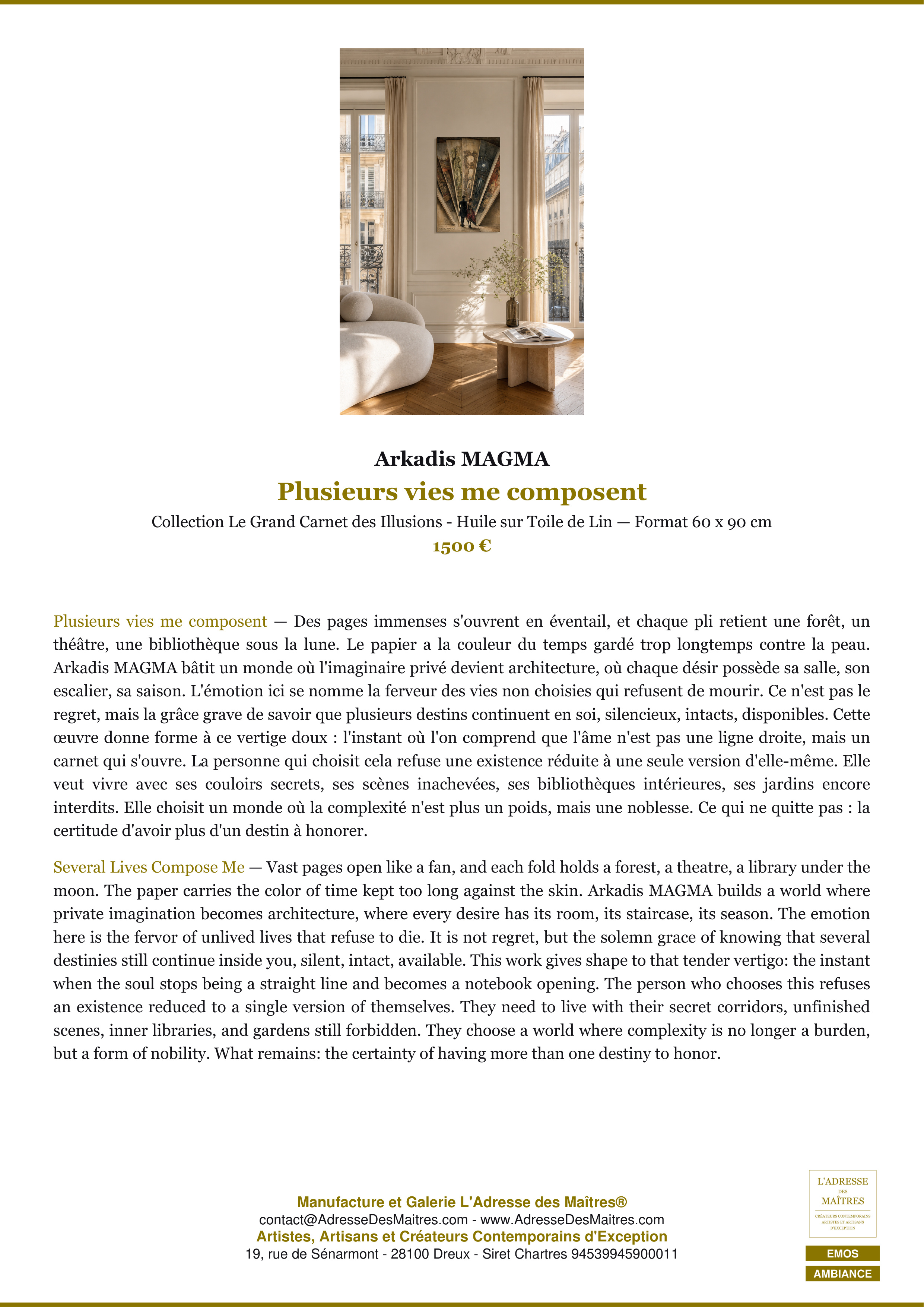 Fiche Premium Ambiance — Plusieurs vies me composent — Arkadis MAGMA — L'Adresse des Maîtres®