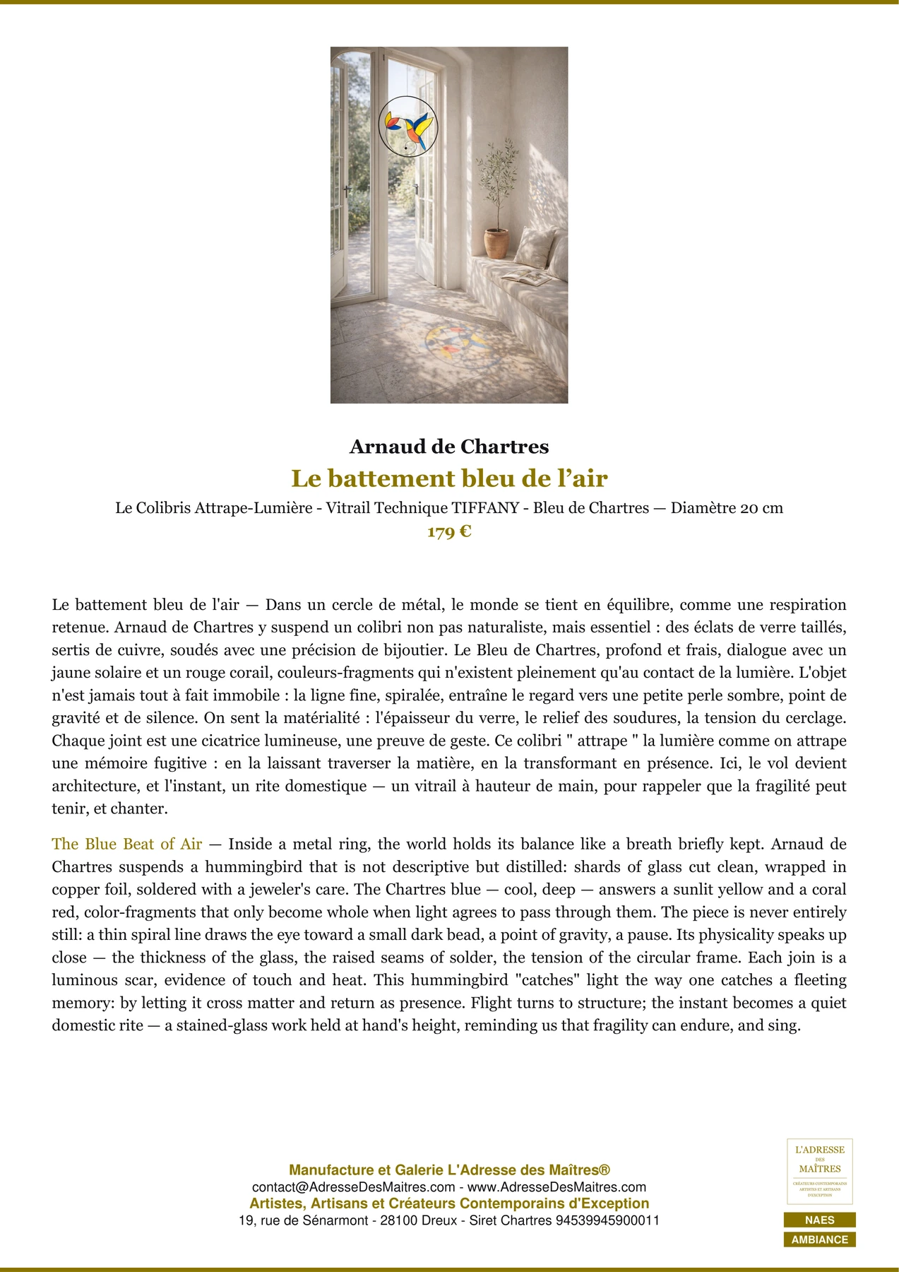 Fiche Premium Ambiance - Le battement bleu de l’air - Arnaud de Chartres - L'Adresse des Maîtres®