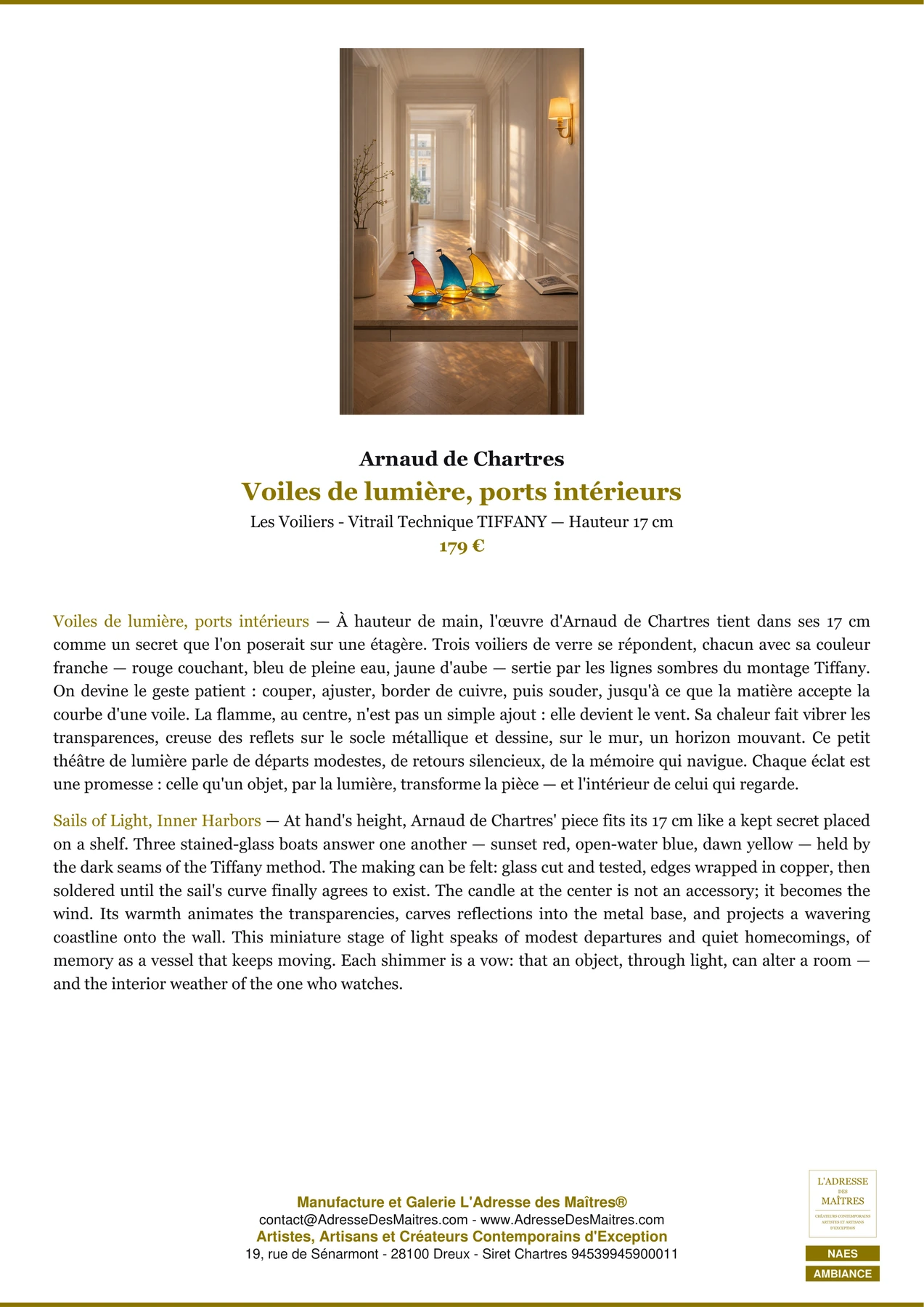 Fiche Premium Ambiance - Voiles de lumière, ports intérieurs - Arnaud de Chartres - L'Adresse des Maîtres®
