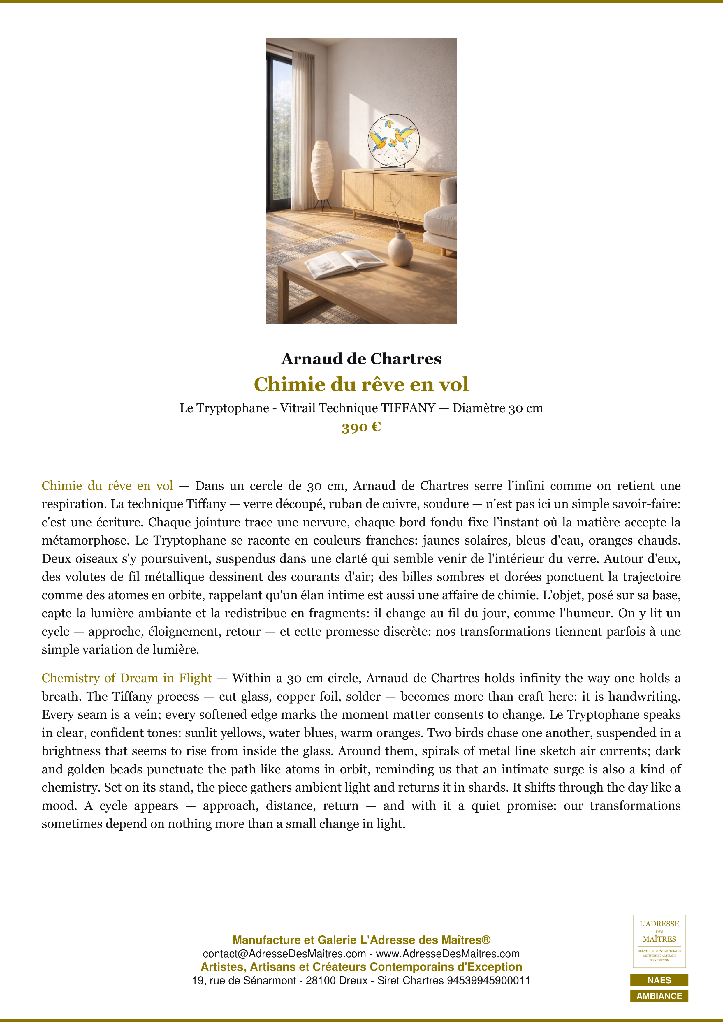 Fiche Premium Ambiance — Chimie du rêve en vol — Arnaud de Chartres — L'Adresse des Maîtres®