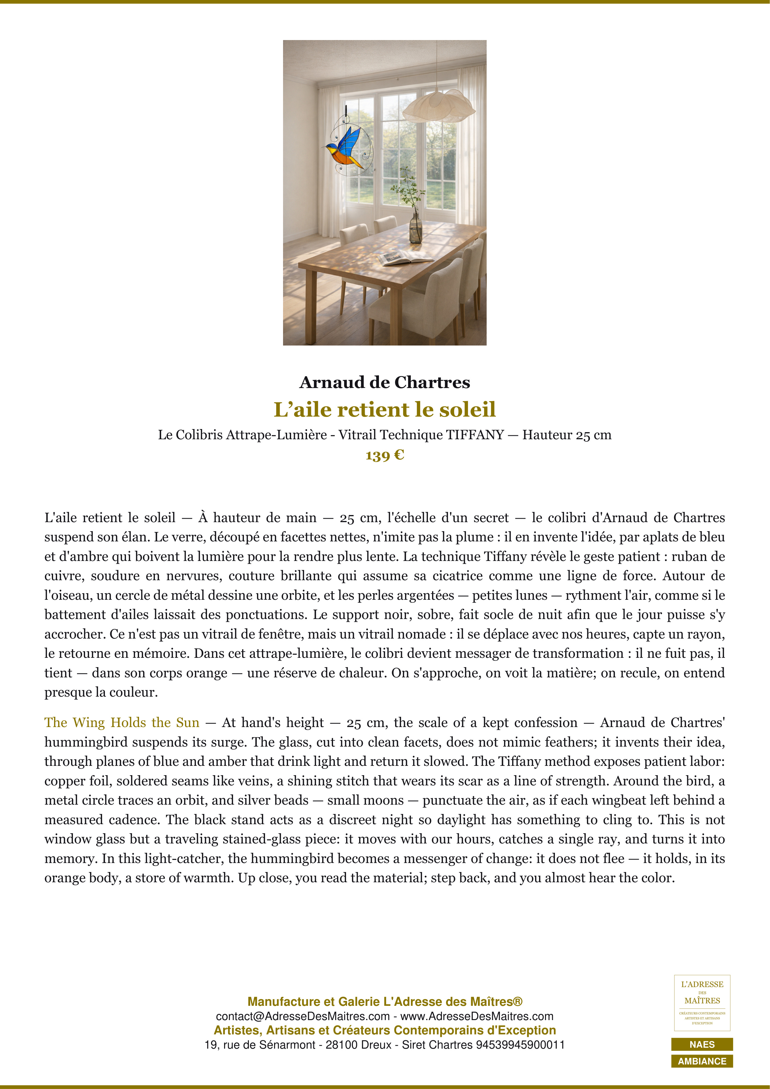 Fiche Premium Ambiance — L’aile retient le soleil — Arnaud de Chartres — L'Adresse des Maîtres®