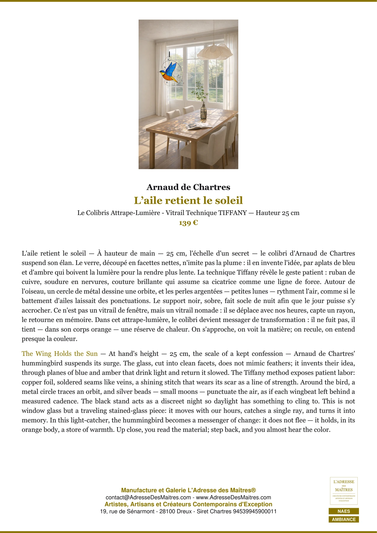 Fiche Premium Ambiance - L’aile retient le soleil - Arnaud de Chartres - L'Adresse des Maîtres®