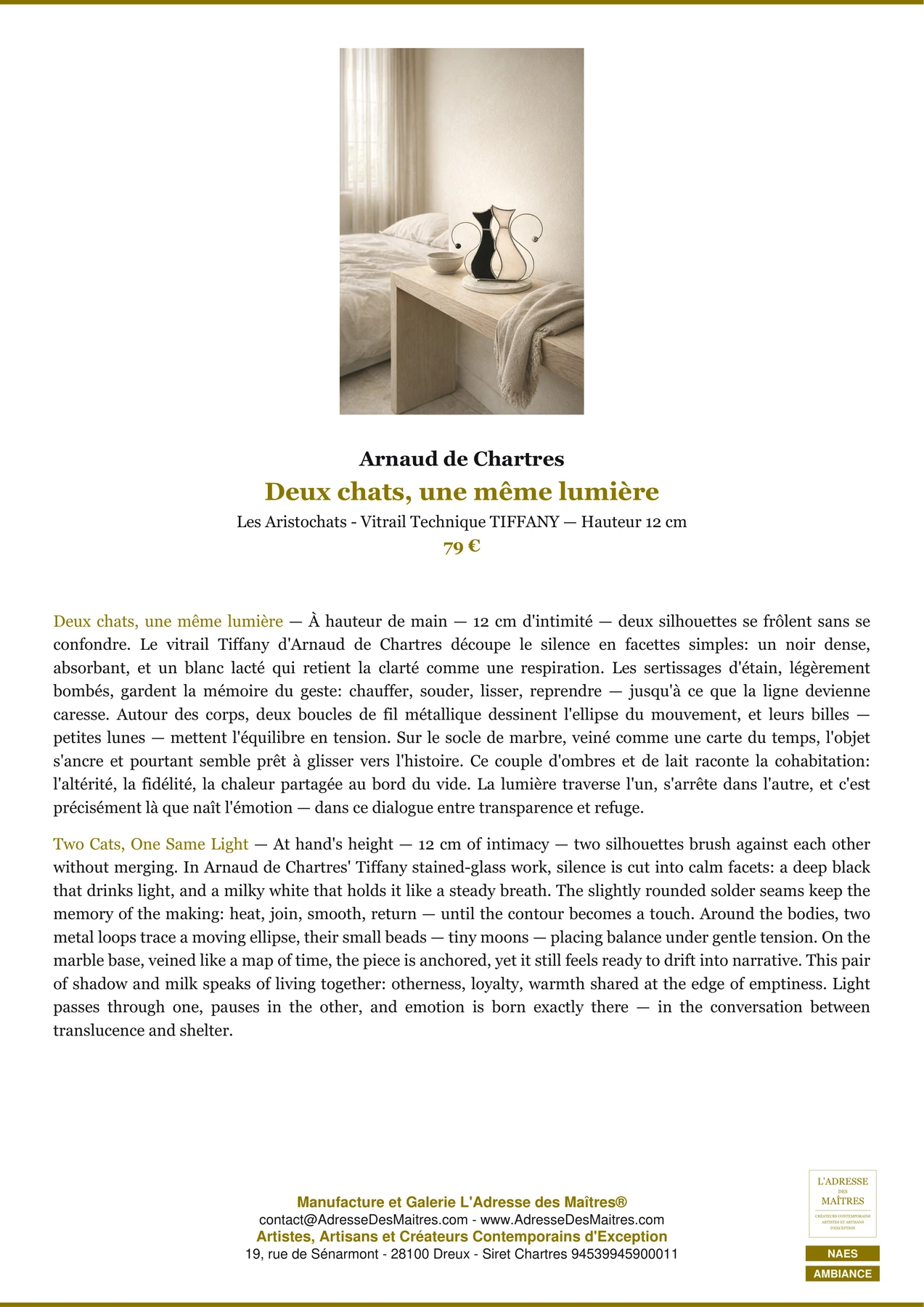 Fiche Premium Ambiance - Deux chats, une même lumière - Arnaud de Chartres - L'Adresse des Maîtres®