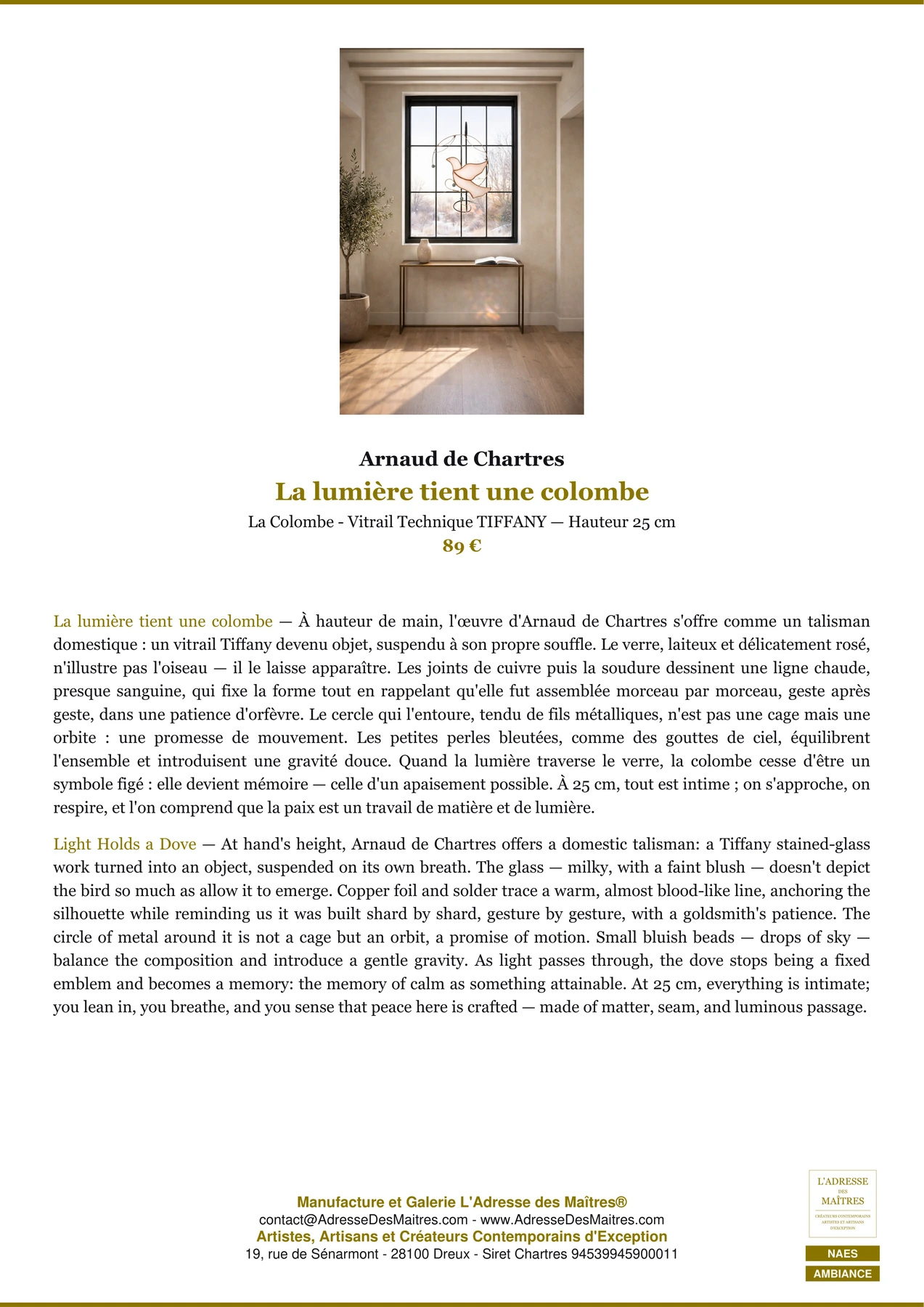 Fiche Premium Ambiance - La lumière tient une colombe - Arnaud de Chartres - L'Adresse des Maîtres®