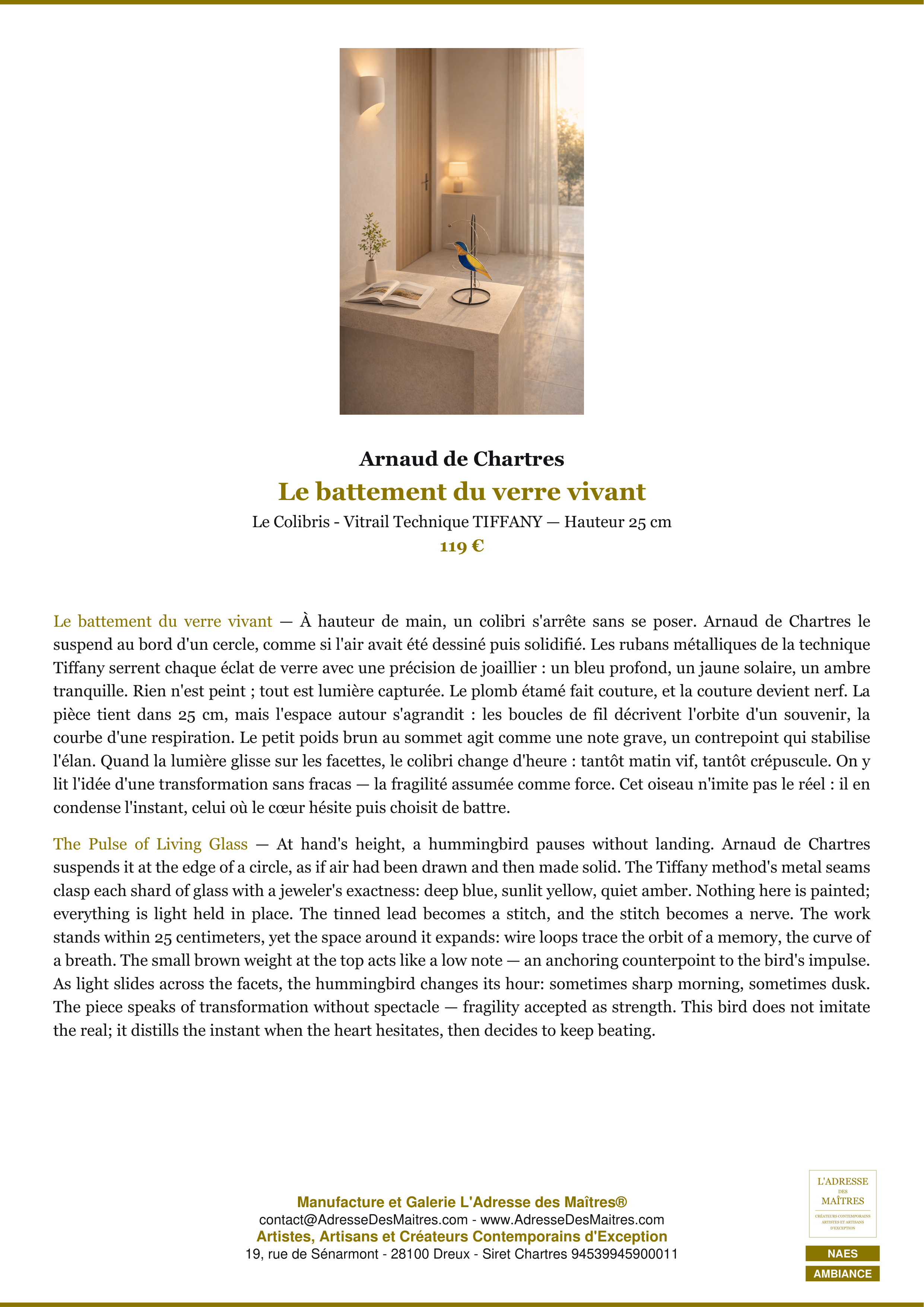 Fiche Premium Ambiance — Le battement du verre vivant — Arnaud de Chartres — L'Adresse des Maîtres®