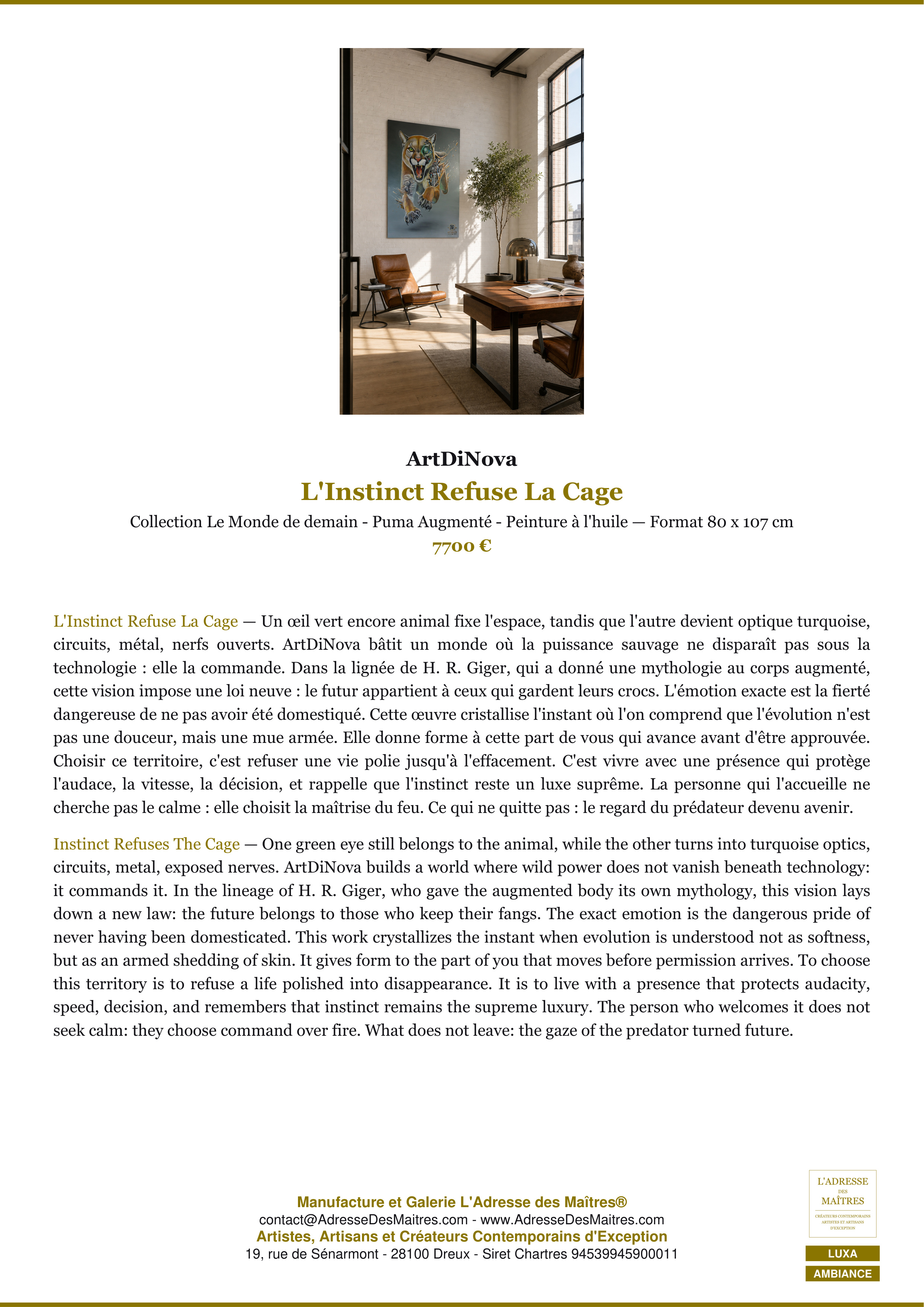 Fiche Premium Ambiance — L'Instinct Refuse La Cage — ArtDiNova — L'Adresse des Maîtres®