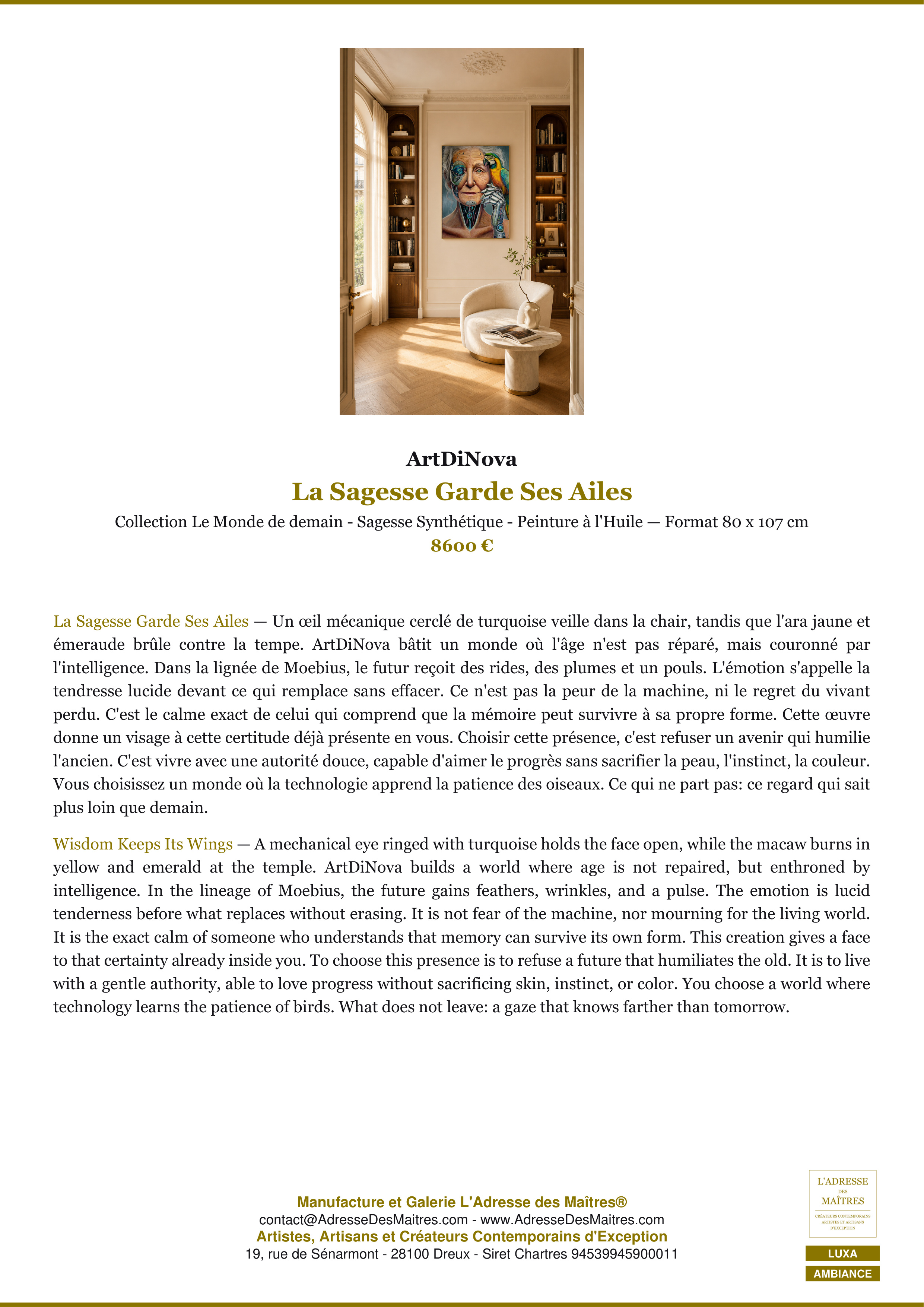 Fiche Premium Ambiance — La Sagesse Garde Ses Ailes — ArtDiNova — L'Adresse des Maîtres®