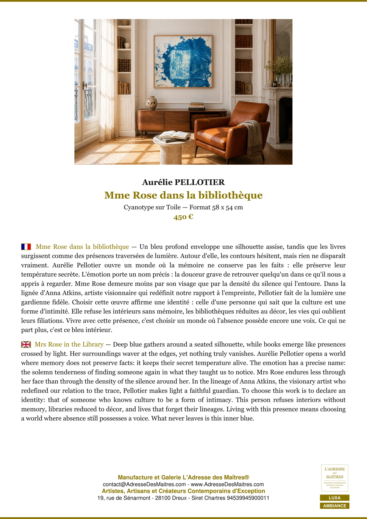 Fiche Premium Ambiance - Mme Rose dans la bibliothèque - Aurélie PELLOTIER - L'Adresse des Maîtres®