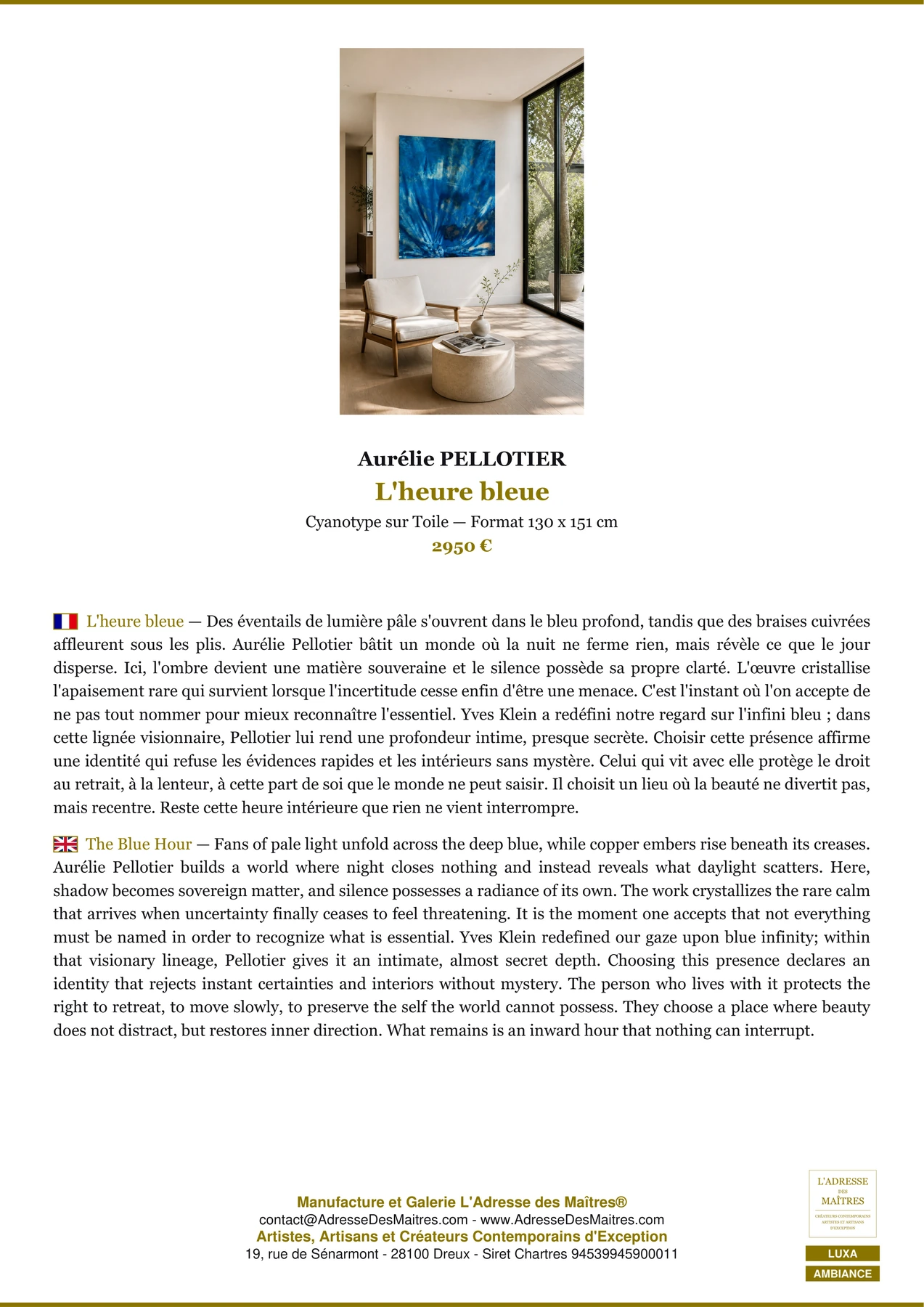 Fiche Premium Ambiance - L'heure bleue - Aurélie PELLOTIER - L'Adresse des Maîtres®