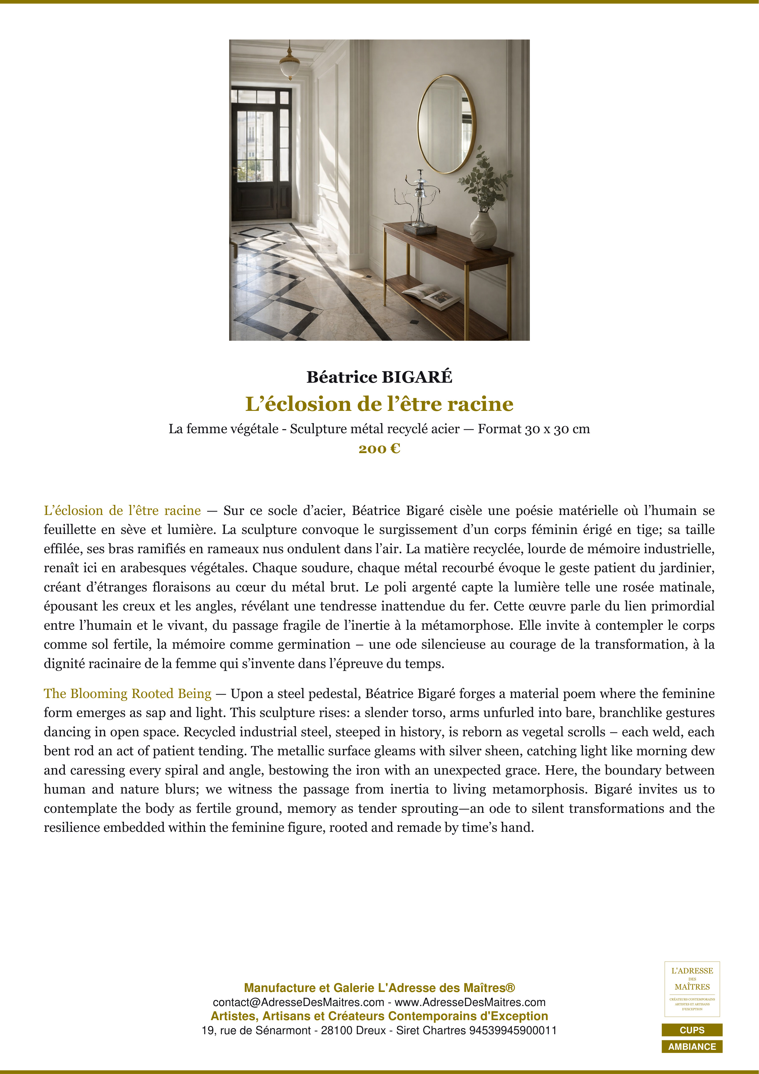 Fiche Premium Ambiance — L’éclosion de l’être racine — Béatrice BIGARÉ — L'Adresse des Maîtres®
