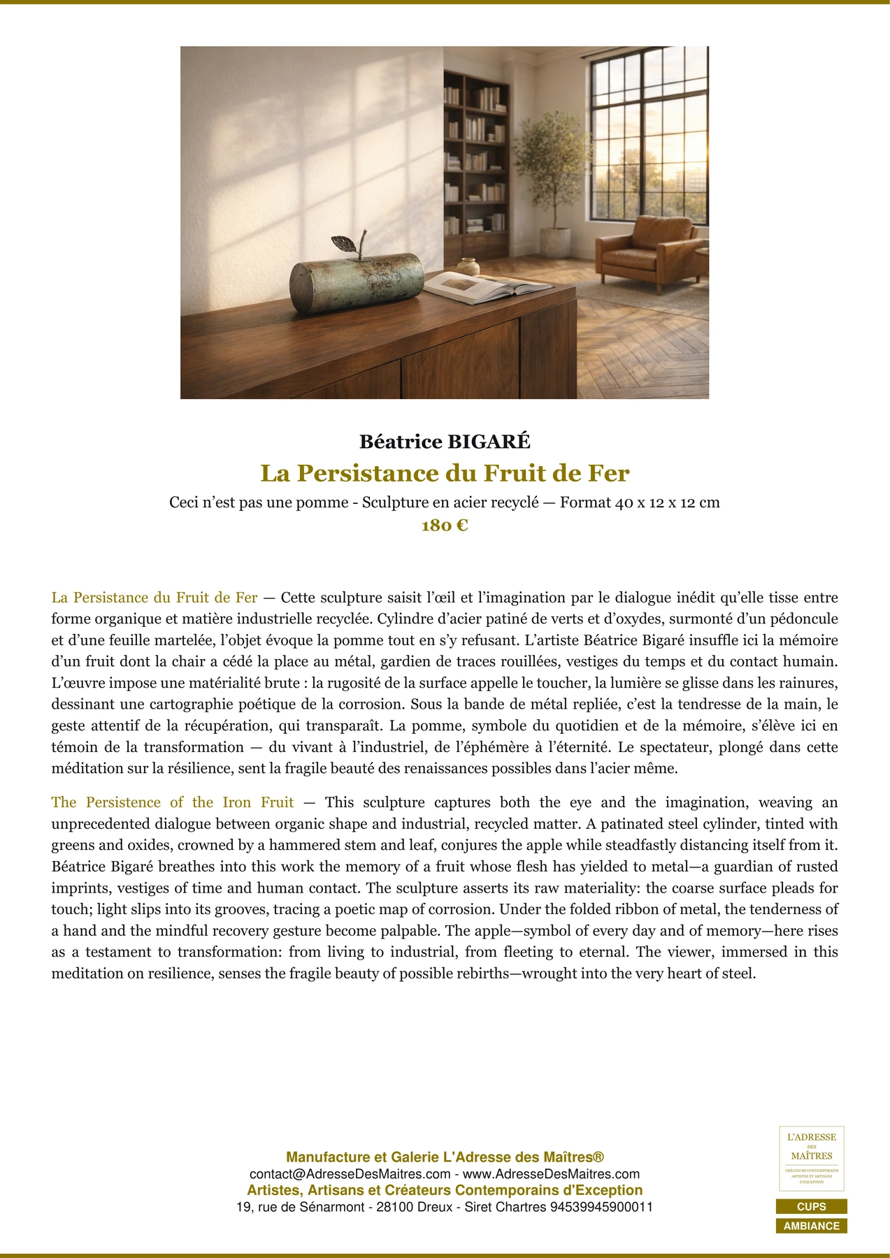 Fiche Premium Ambiance - La Persistance du Fruit de Fer - Béatrice BIGARÉ - L'Adresse des Maîtres®