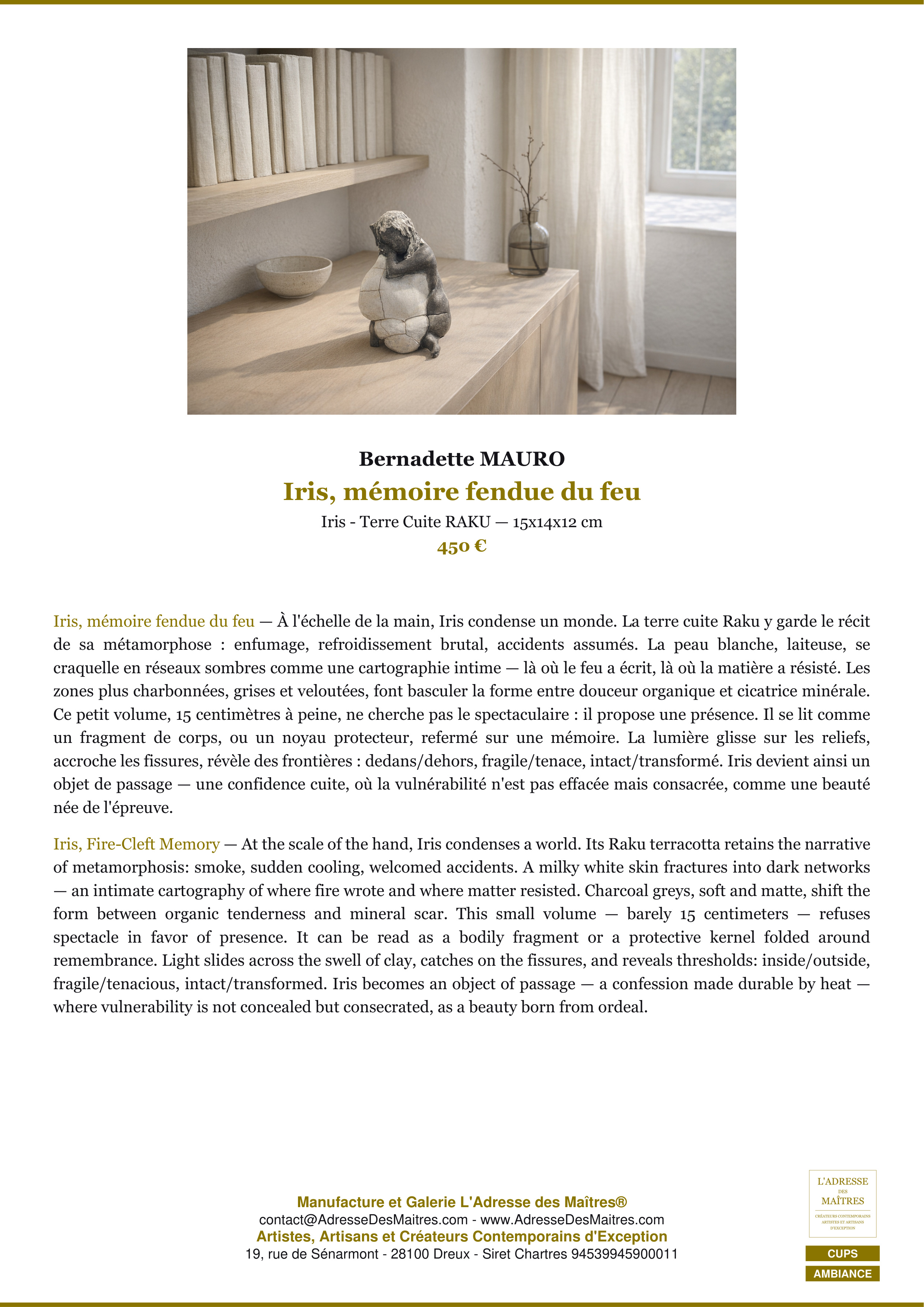Fiche Premium Ambiance — Iris, mémoire fendue du feu — Bernadette MAURO — L'Adresse des Maîtres®