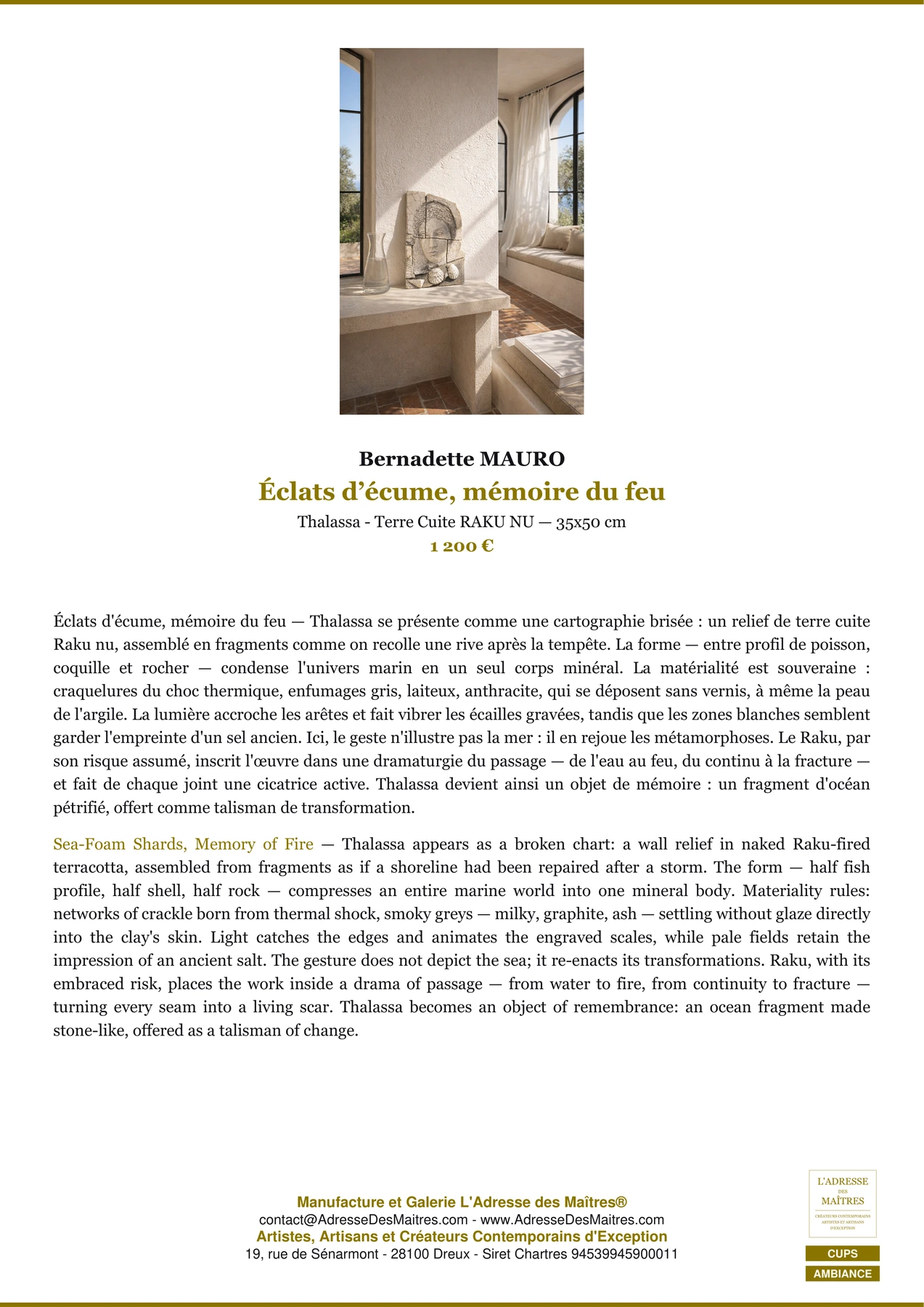 Fiche Premium Ambiance - Éclats d’écume, mémoire du feu - Bernadette MAURO - L'Adresse des Maîtres®