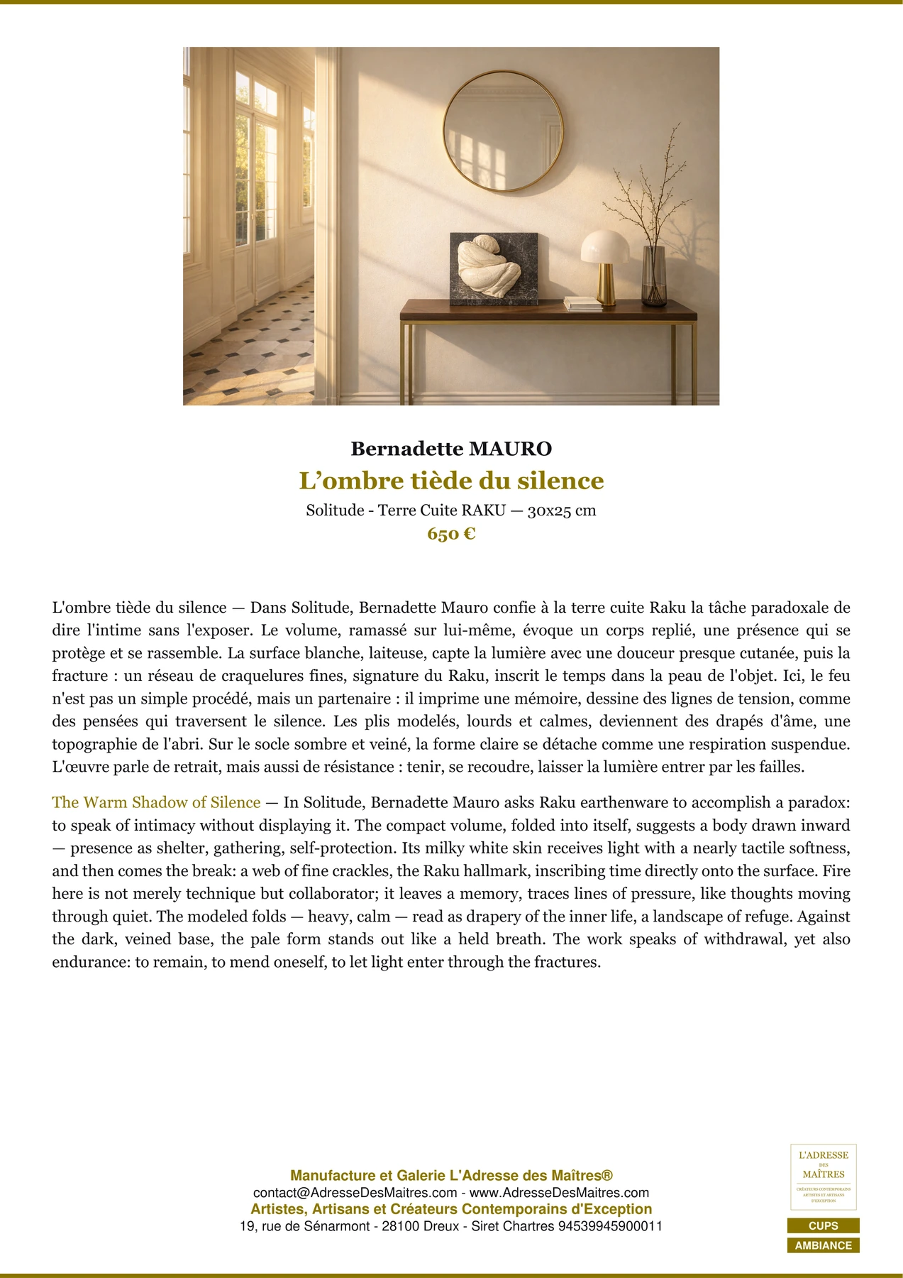 Fiche Premium Ambiance - L’ombre tiède du silence - Bernadette MAURO - L'Adresse des Maîtres®