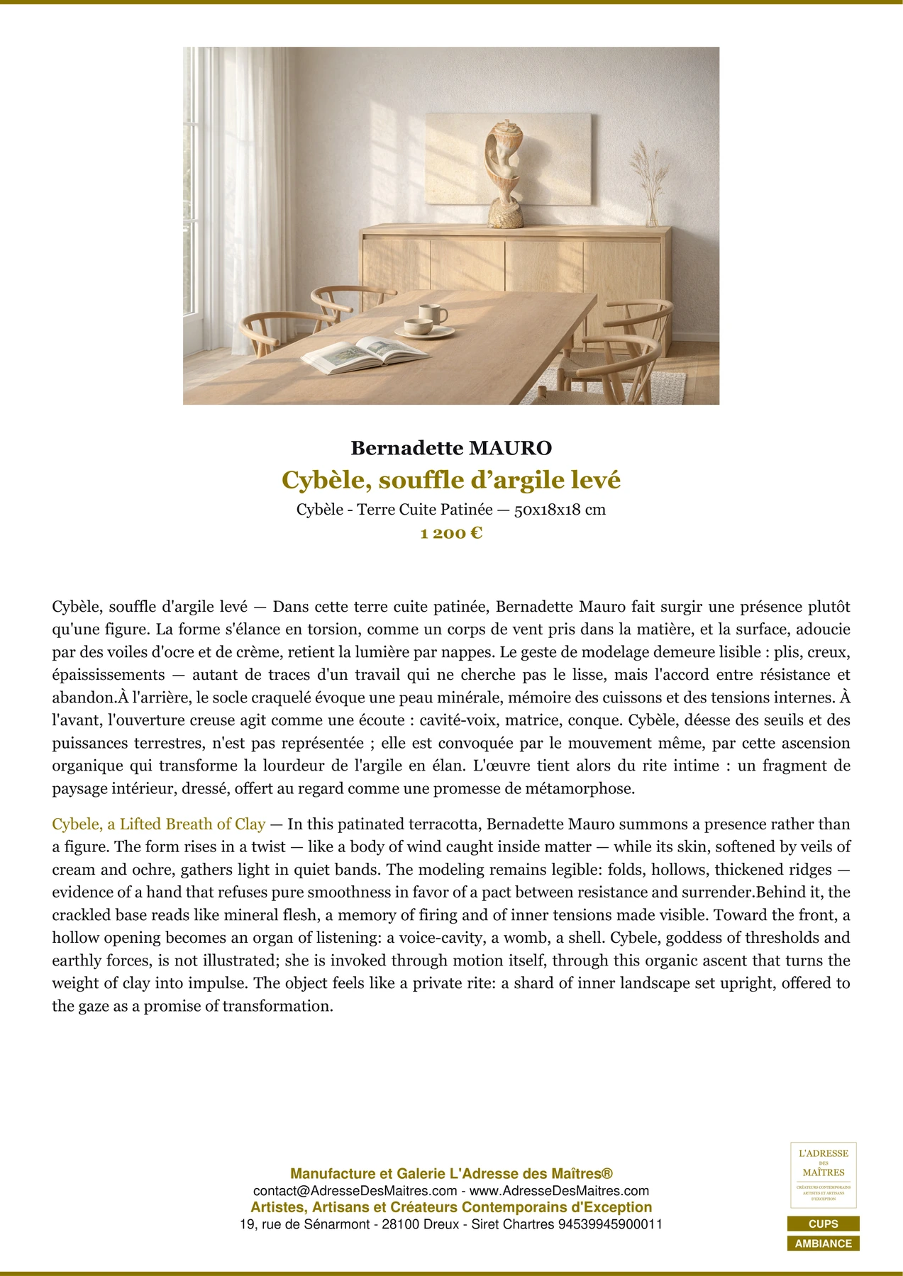 Fiche Premium Ambiance - Cybèle, souffle d’argile levé - Bernadette MAURO - L'Adresse des Maîtres®