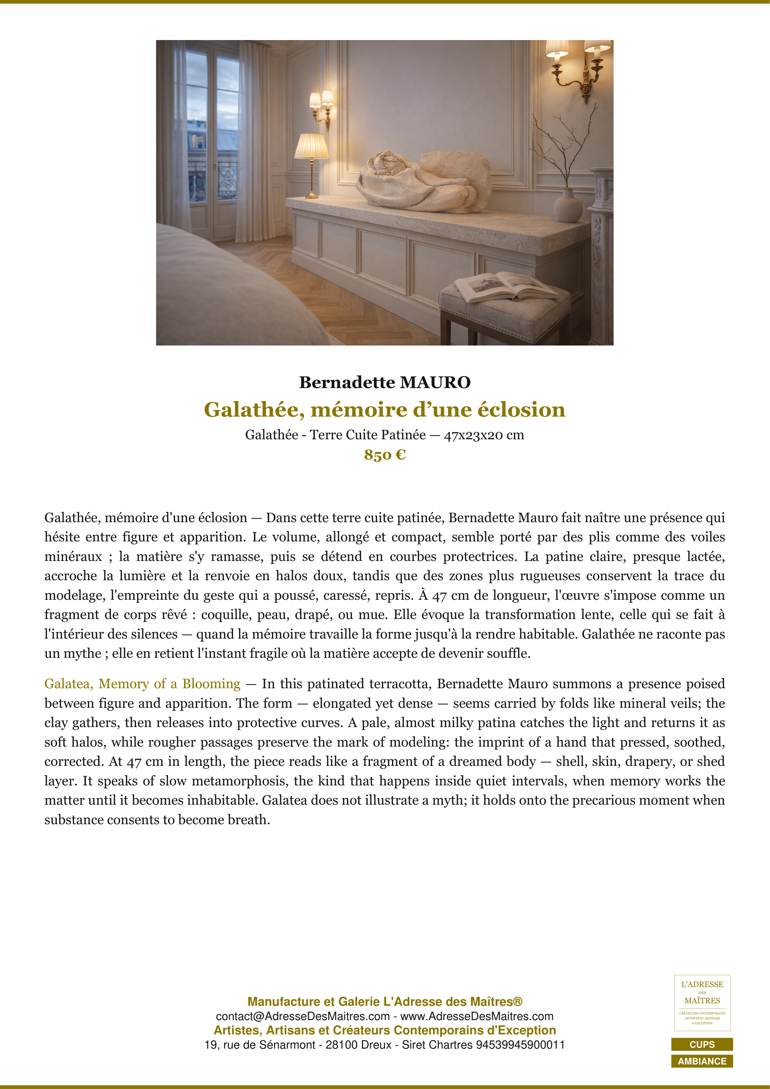 Fiche Premium Ambiance — Galathée, mémoire d’une éclosion — Bernadette MAURO — L'Adresse des Maîtres®