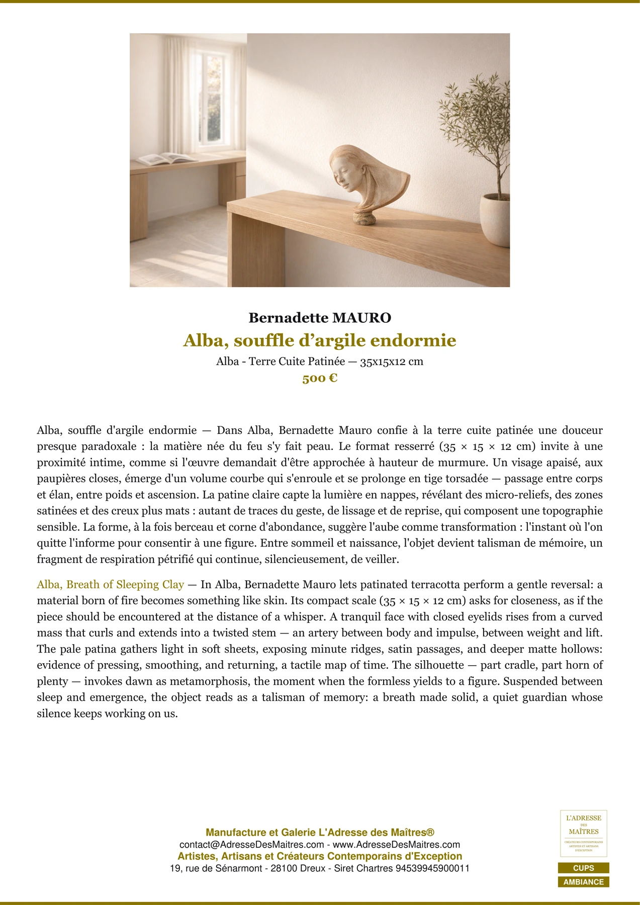 Fiche Premium Ambiance - Alba, souffle d’argile endormie - Bernadette MAURO - L'Adresse des Maîtres®