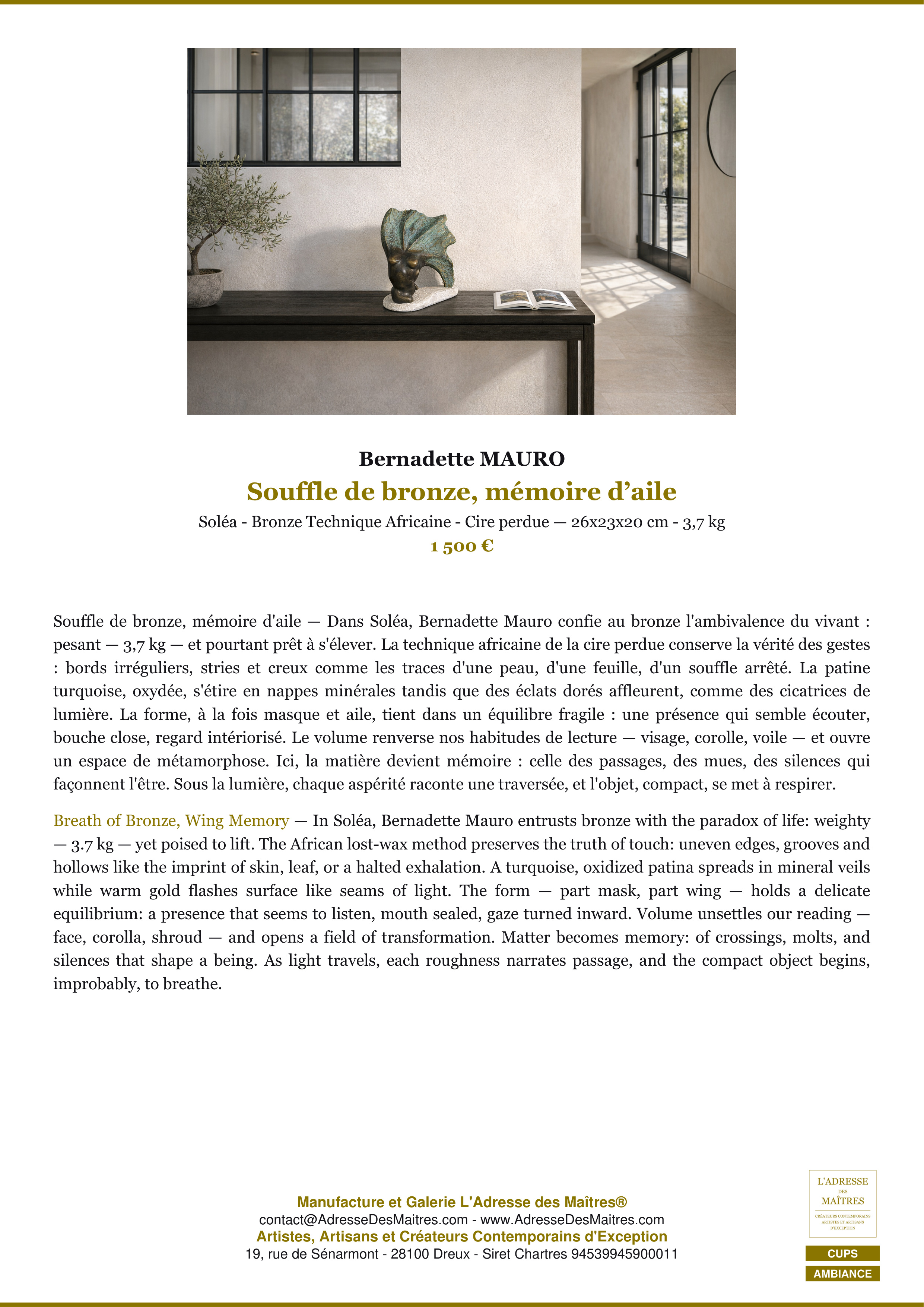 Ficha Premium «Ambiance» — Aliento de bronce, recuerdo de un ala — Bernadette MAURO — L'Adresse des Maîtres®