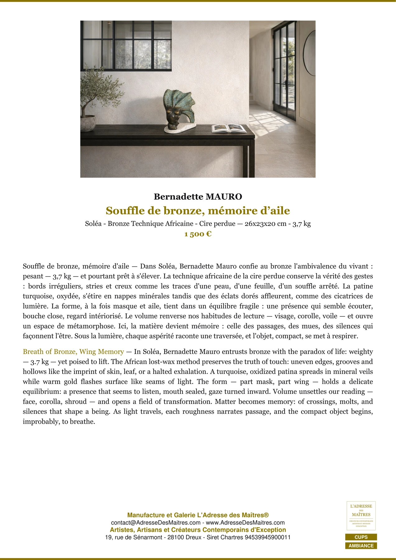 Fiche Premium Ambiance - Souffle de bronze, mémoire d’aile - Bernadette MAURO - L'Adresse des Maîtres®