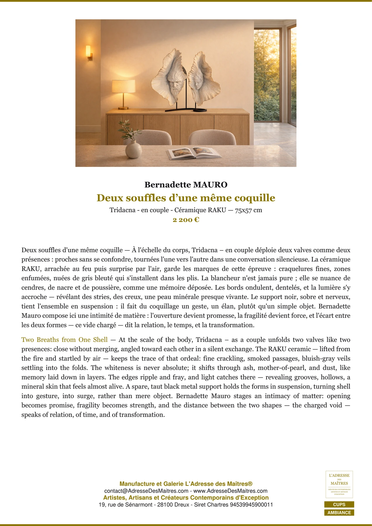 Fiche Premium Ambiance - Deux souffles d’une même coquille - Bernadette MAURO - L'Adresse des Maîtres®