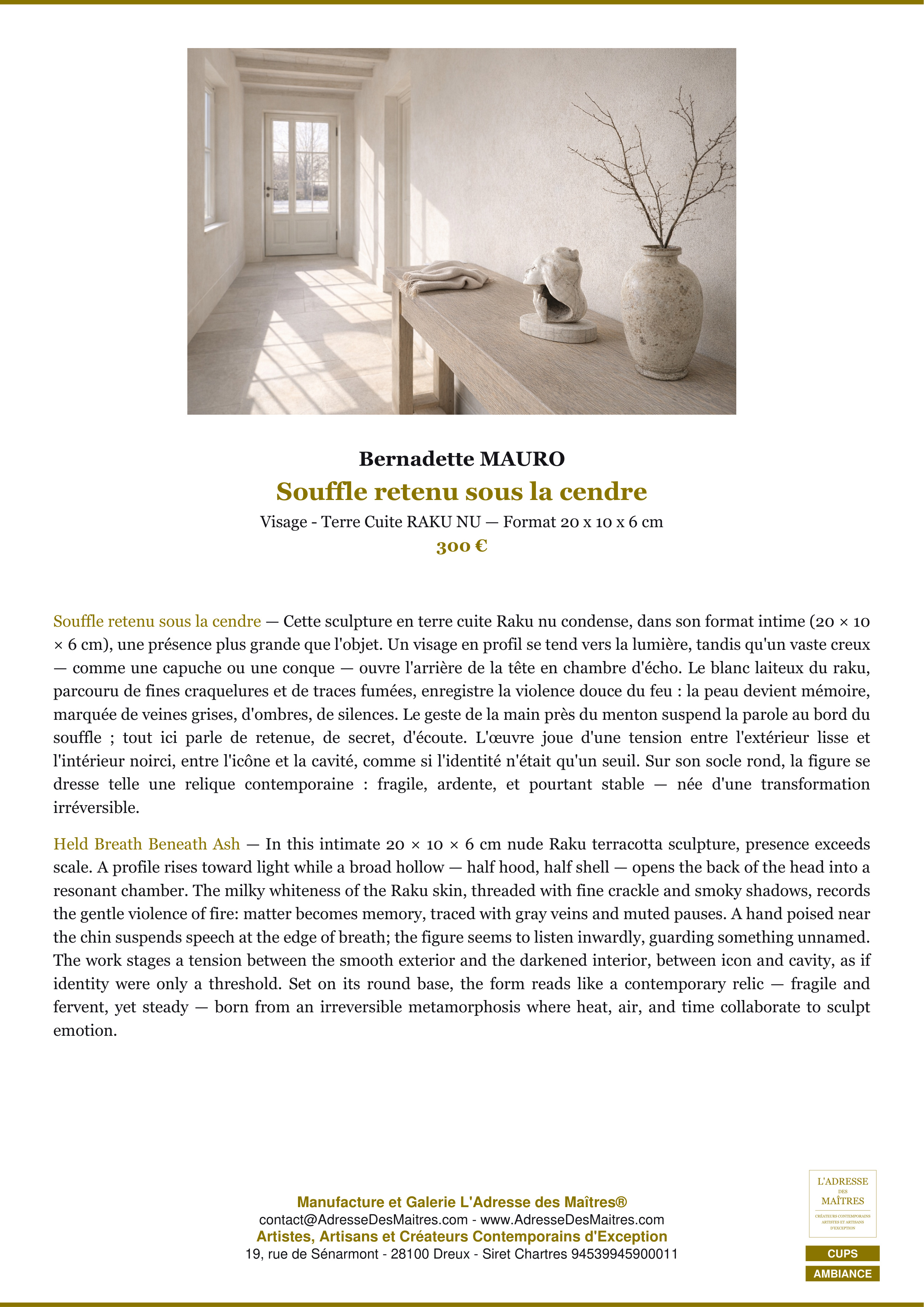 Fiche Premium Ambiance — Souffle retenu sous la cendre — Bernadette MAURO — L'Adresse des Maîtres®