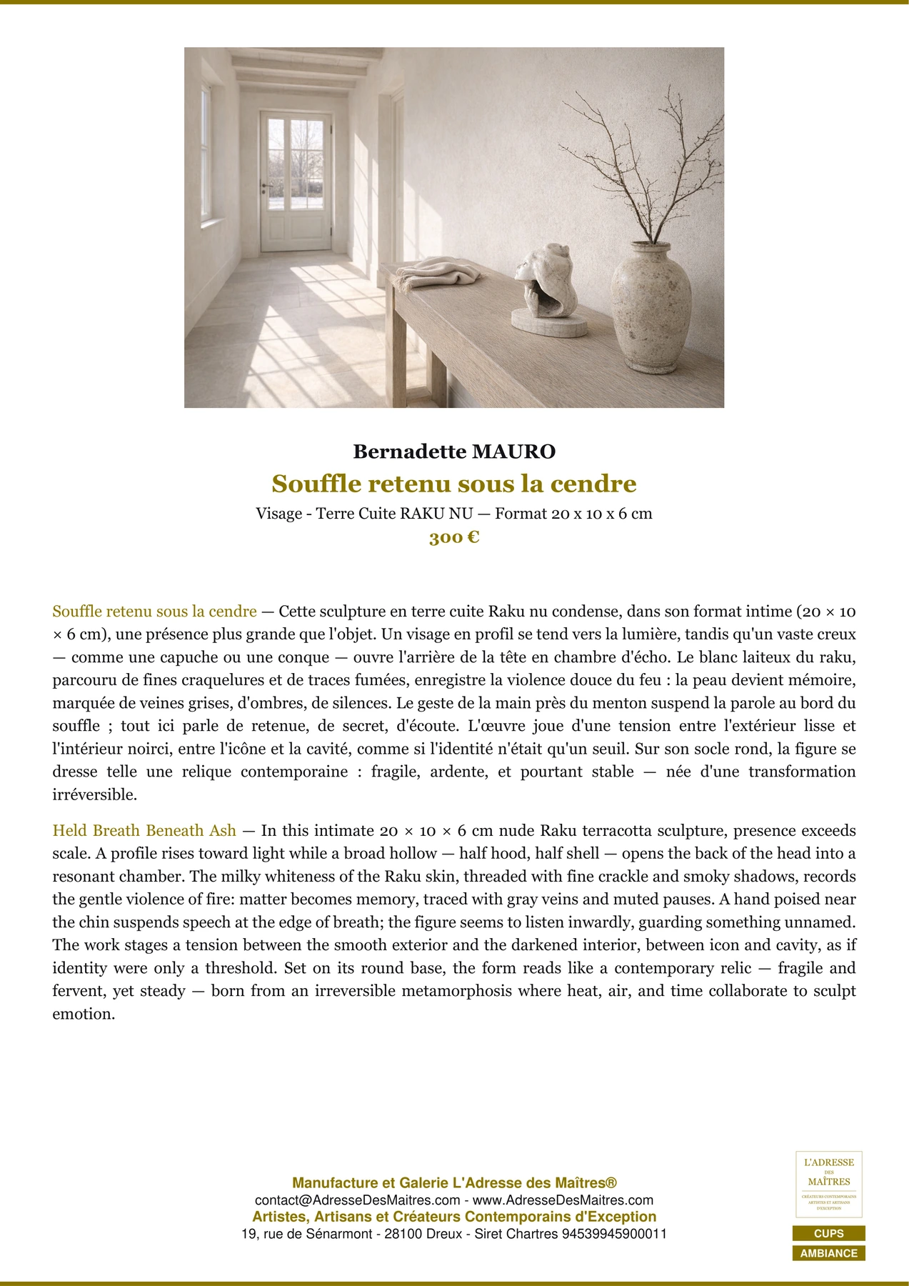 Fiche Premium Ambiance - Souffle retenu sous la cendre - Bernadette MAURO - L'Adresse des Maîtres®