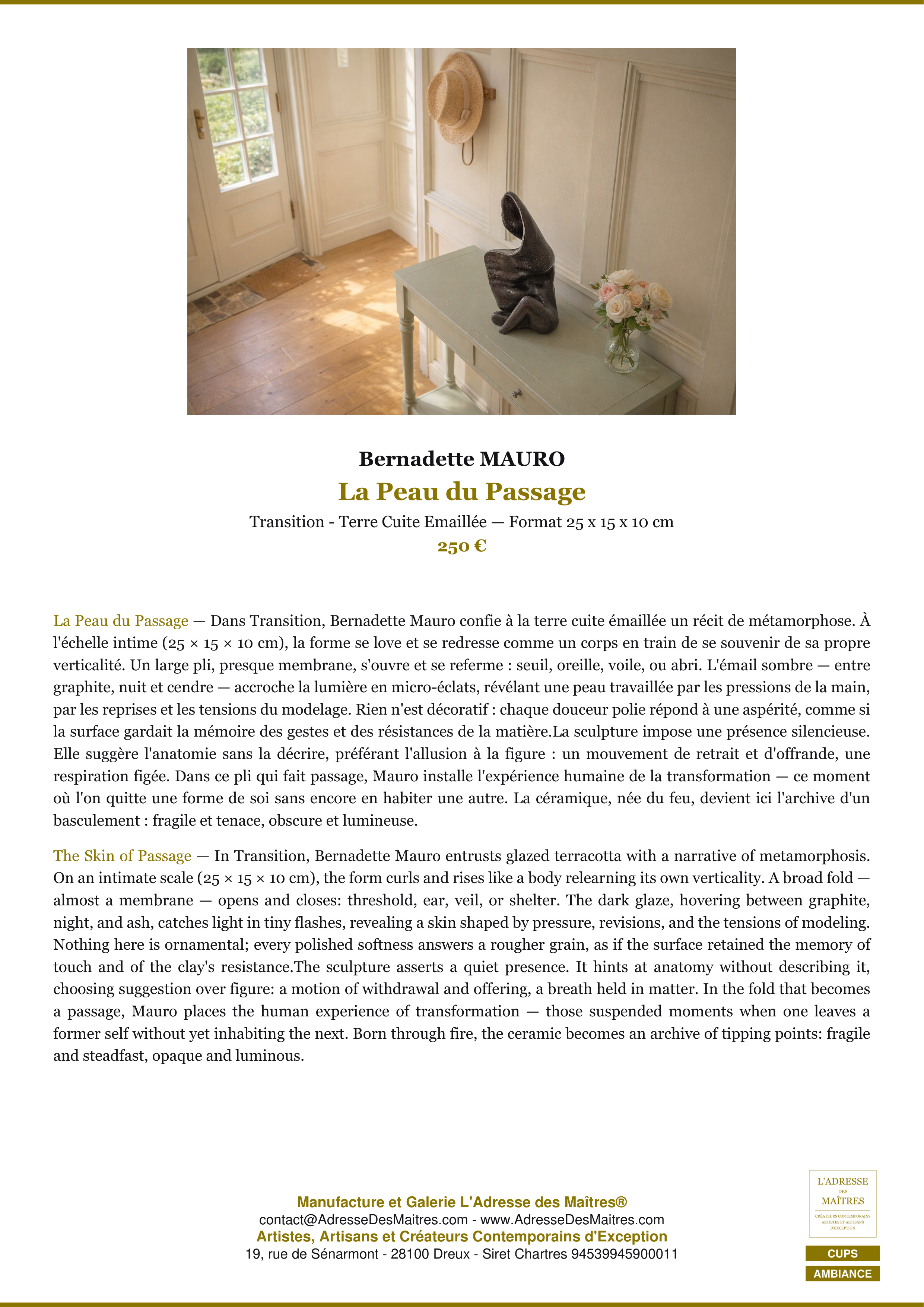 Fiche Premium Ambiance — La Peau du Passage — Bernadette MAURO — L'Adresse des Maîtres®