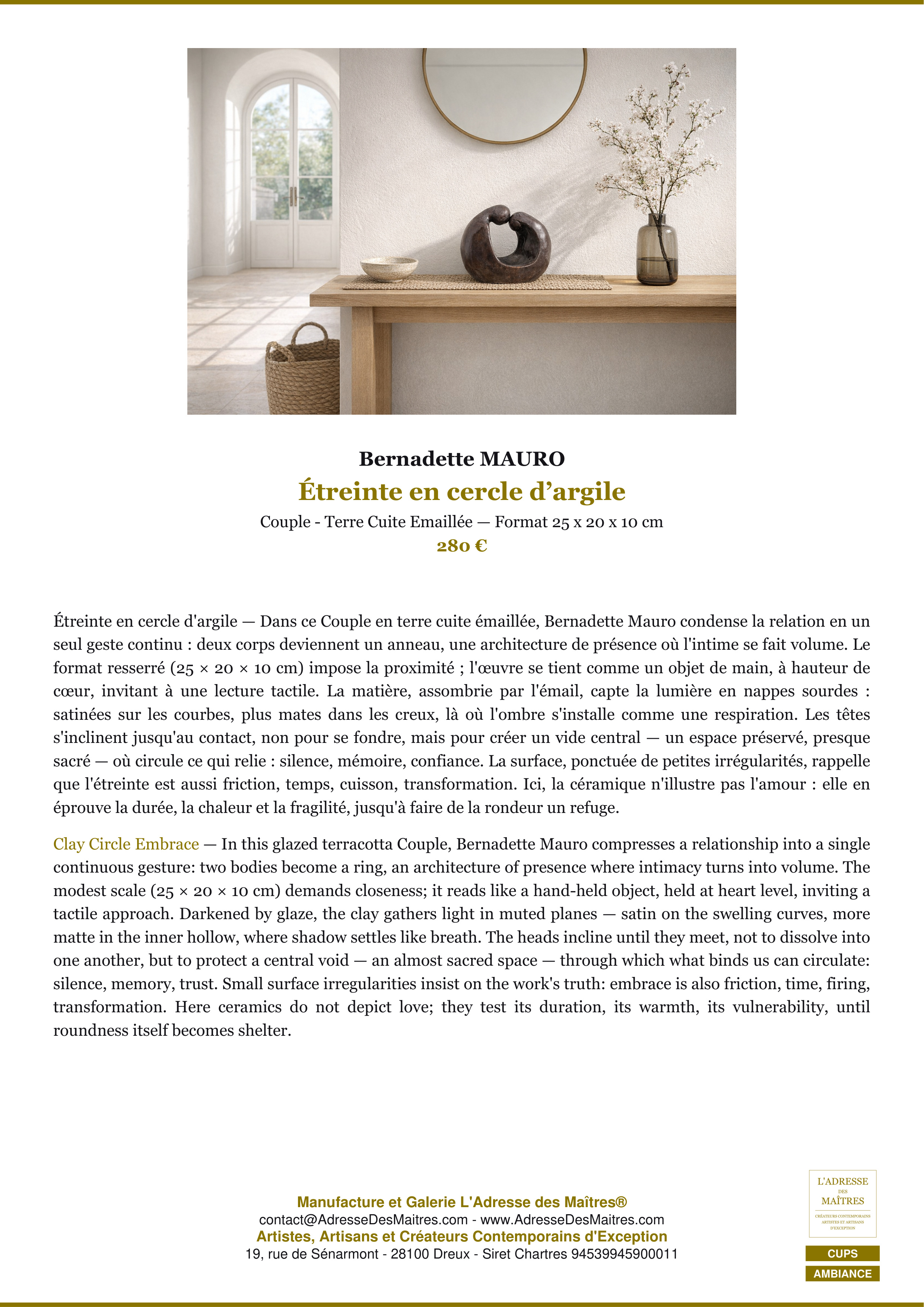 Fiche Premium Ambiance — Étreinte en cercle d’argile — Bernadette MAURO — L'Adresse des Maîtres®