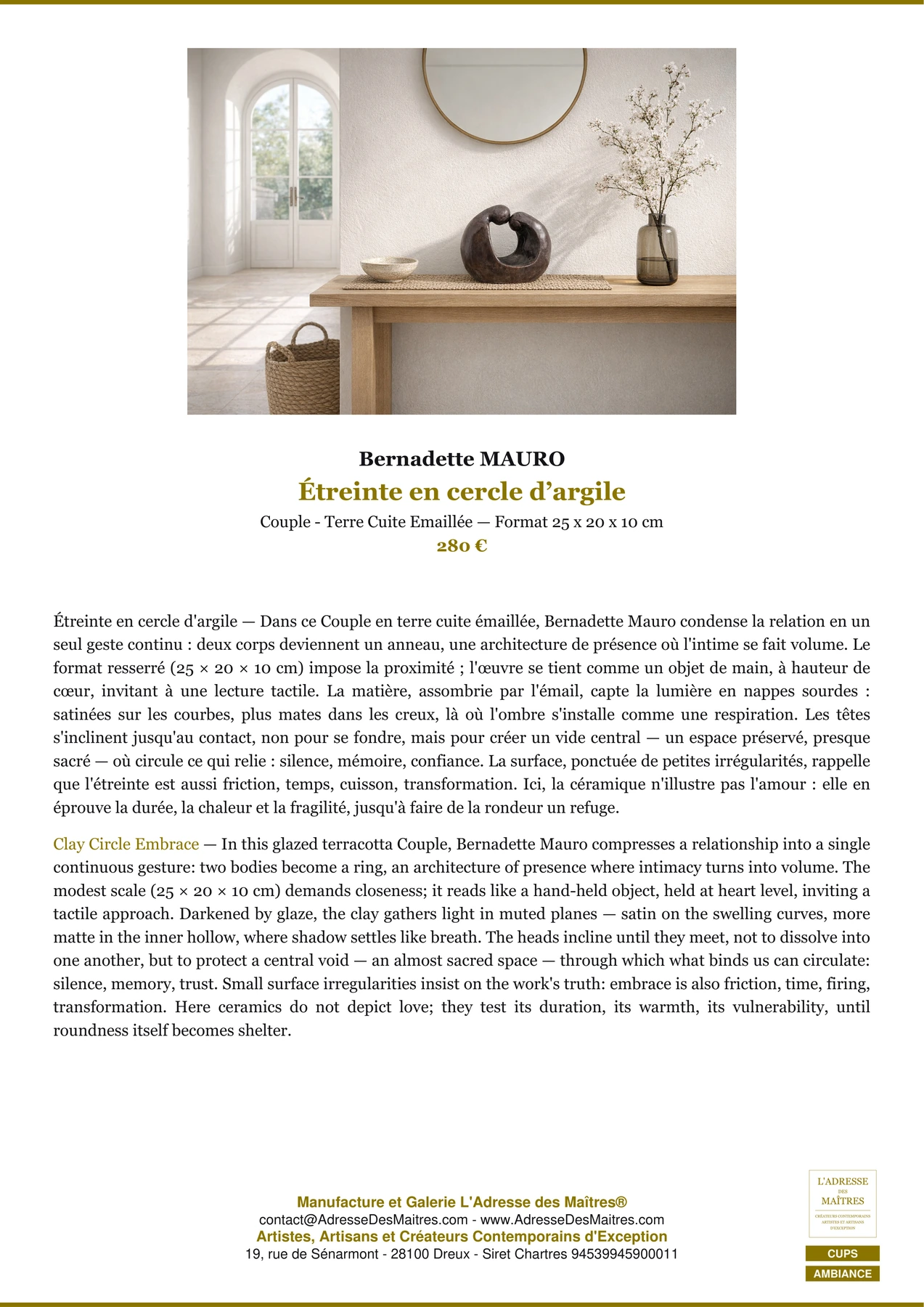 Fiche Premium Ambiance - Étreinte en cercle d’argile - Bernadette MAURO - L'Adresse des Maîtres®