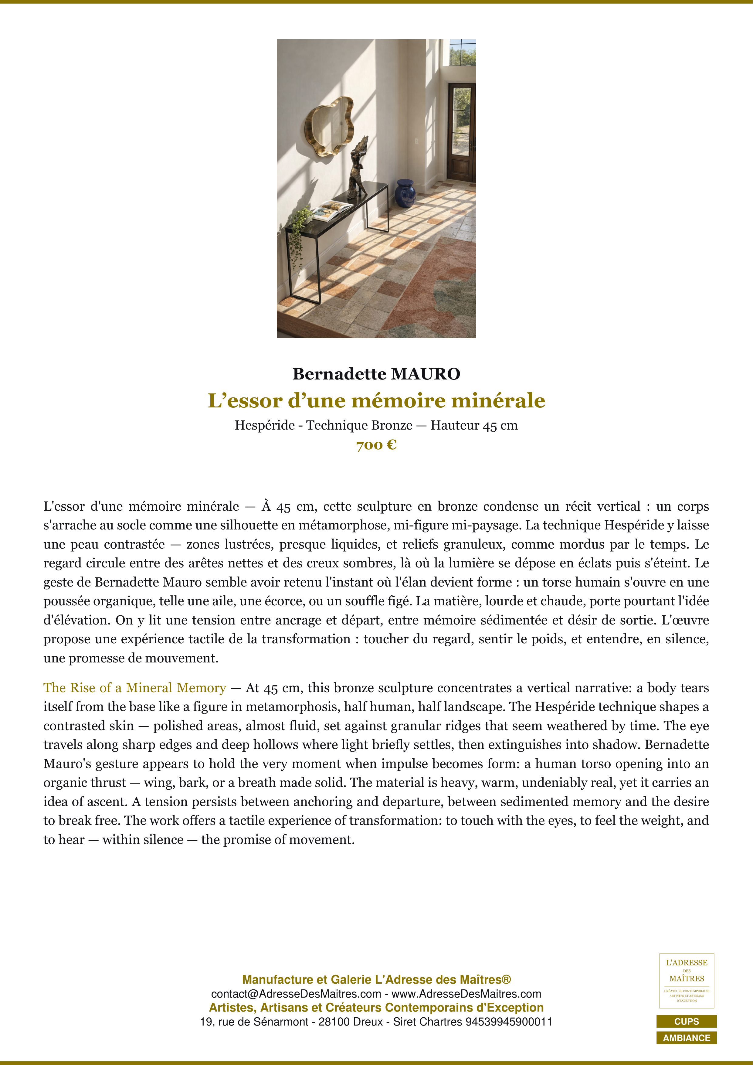 Fiche Premium Ambiance — L’essor d’une mémoire minérale — Bernadette MAURO — L'Adresse des Maîtres®