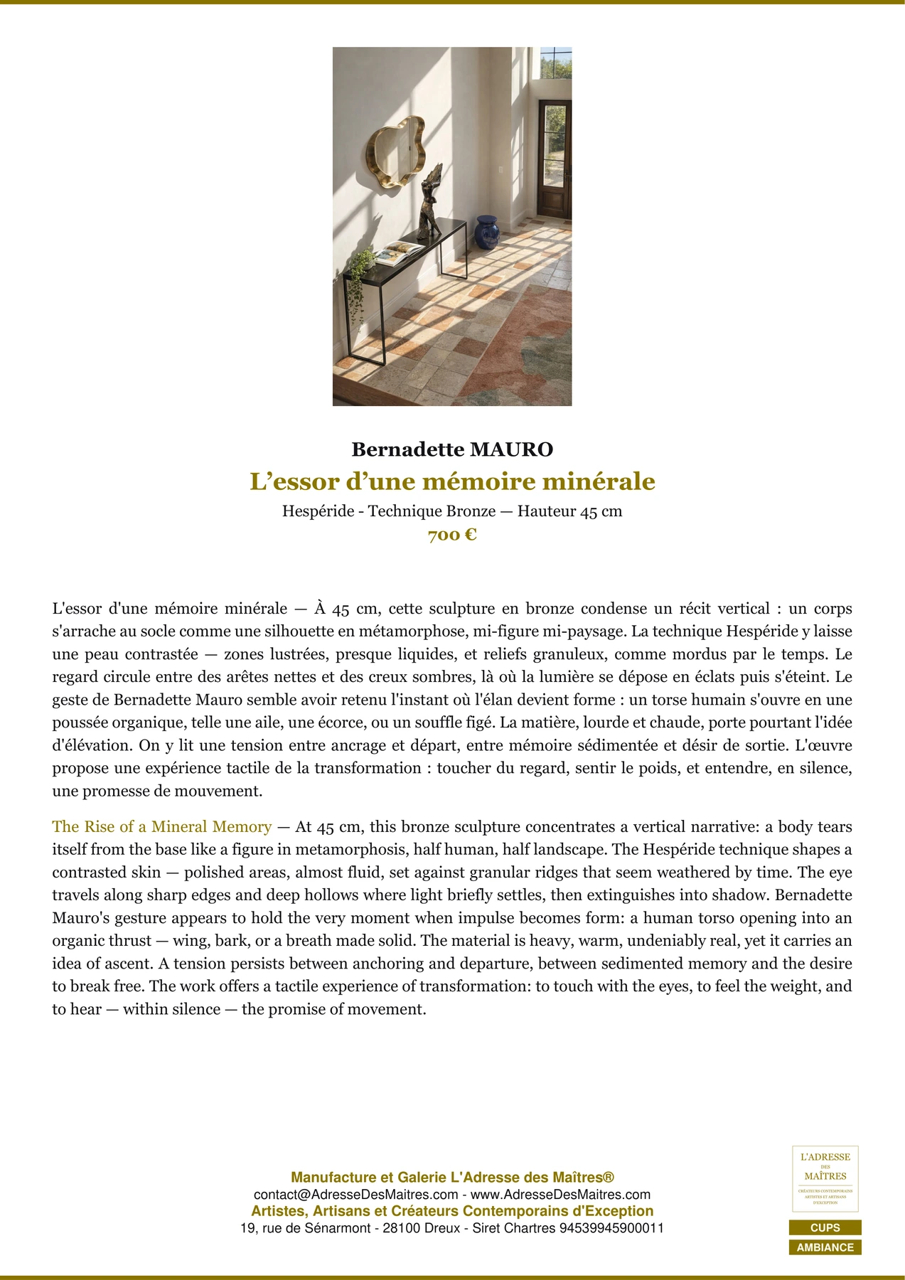 Fiche Premium Ambiance - L’essor d’une mémoire minérale - Bernadette MAURO - L'Adresse des Maîtres®