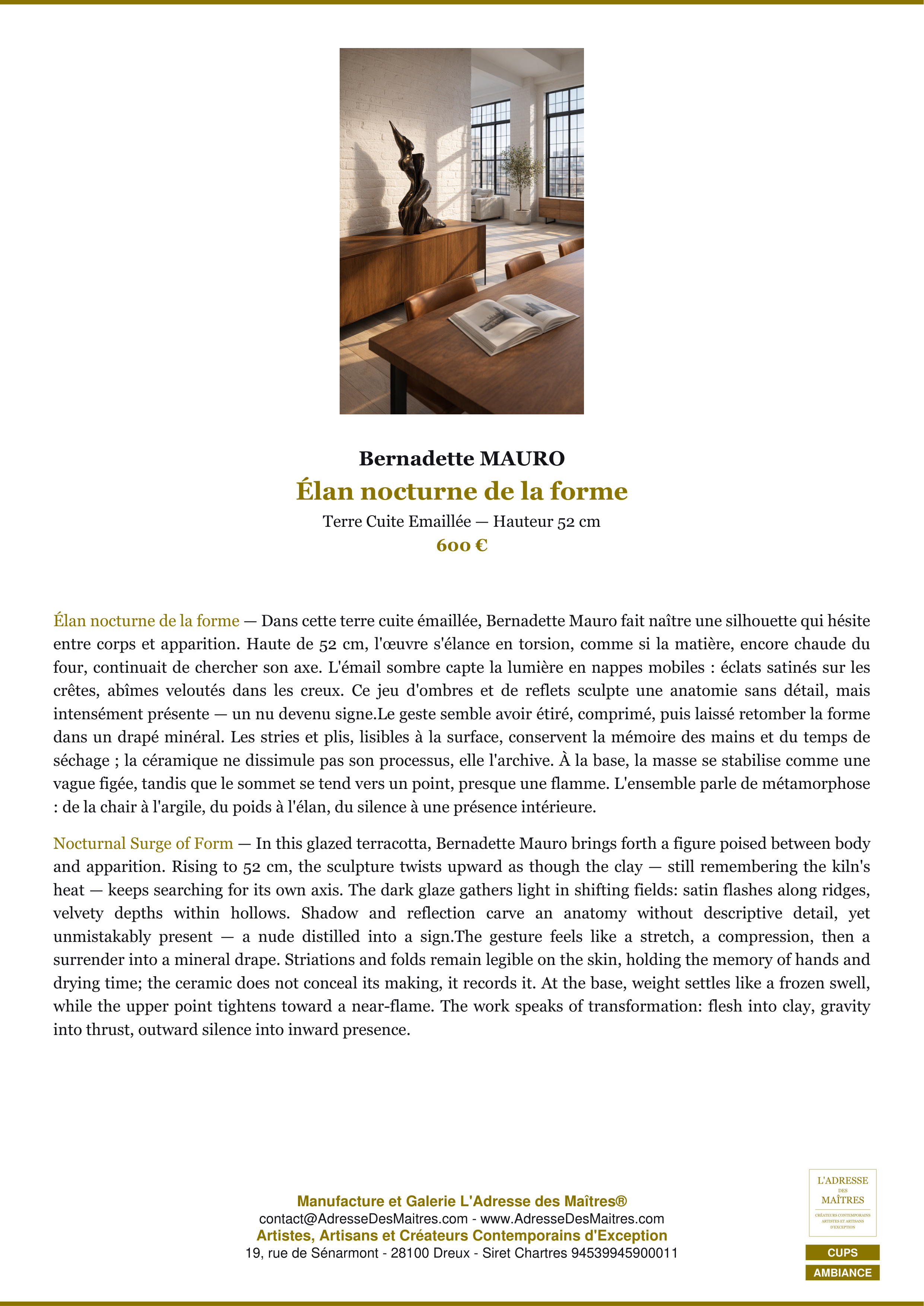 Fiche Premium Ambiance — Élan nocturne de la forme — Bernadette MAURO — L'Adresse des Maîtres®