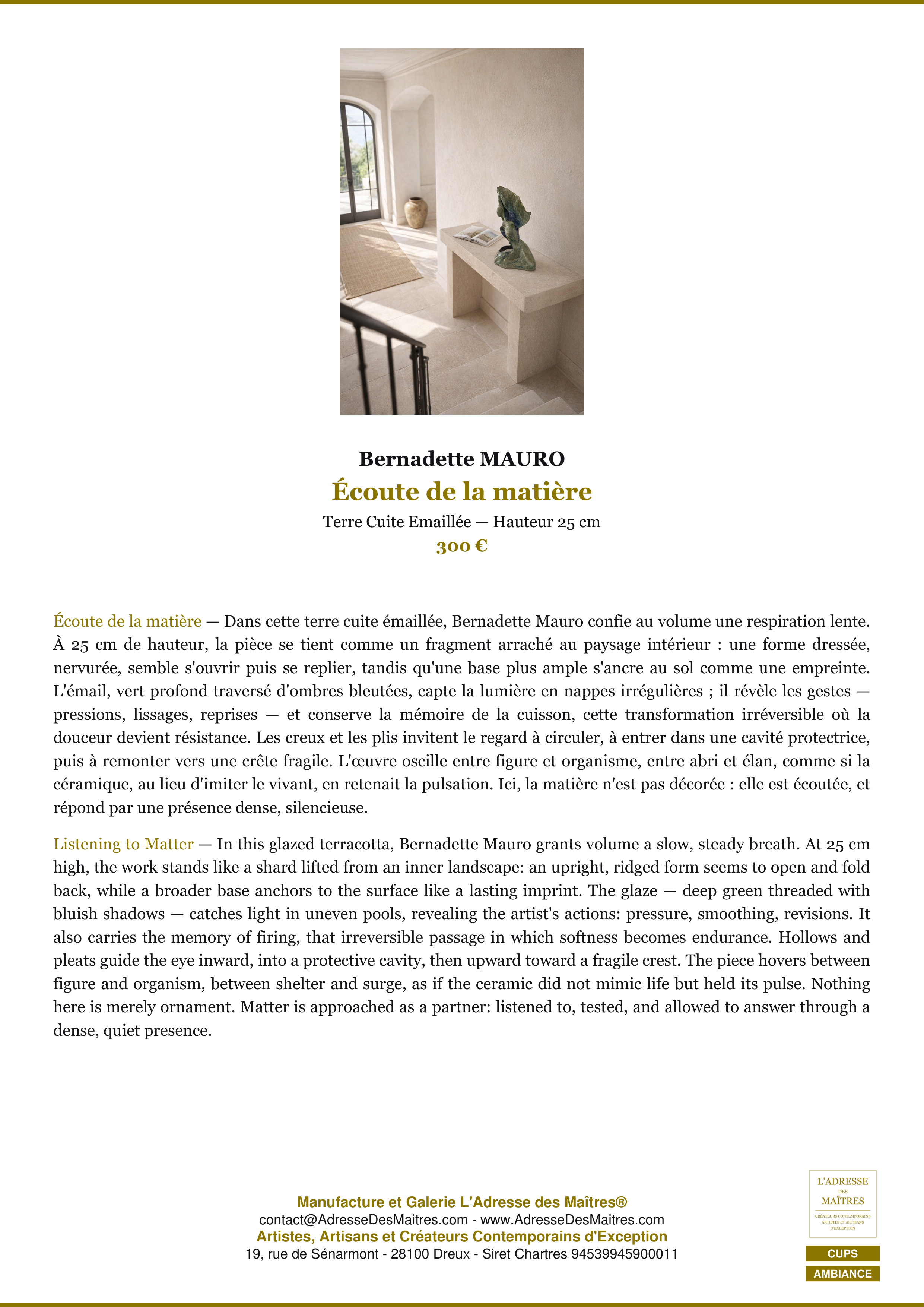 Fiche Premium Ambiance — Écoute de la matière — Bernadette MAURO — L'Adresse des Maîtres®
