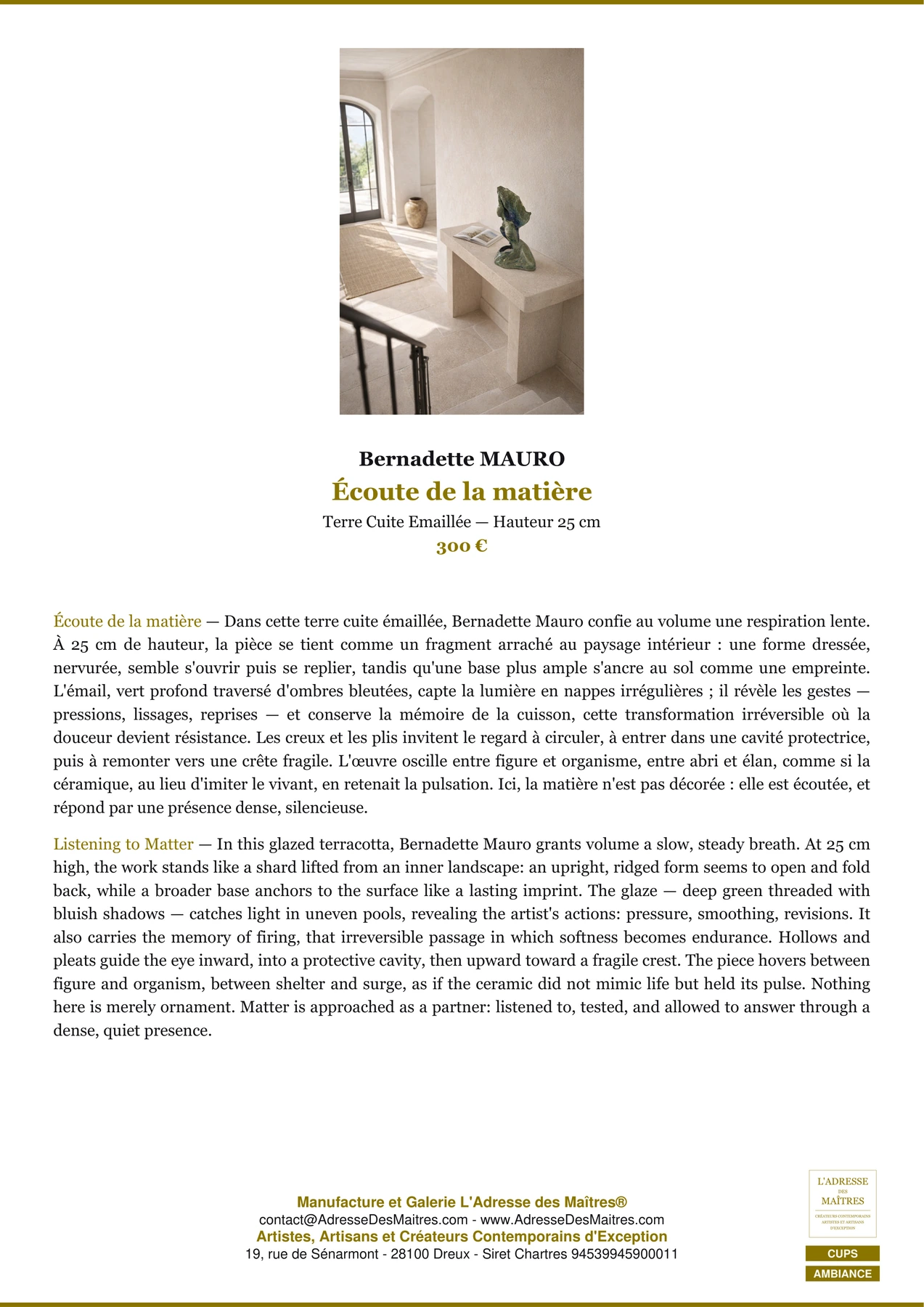 Fiche Premium Ambiance - Écoute de la matière - Bernadette MAURO - L'Adresse des Maîtres®