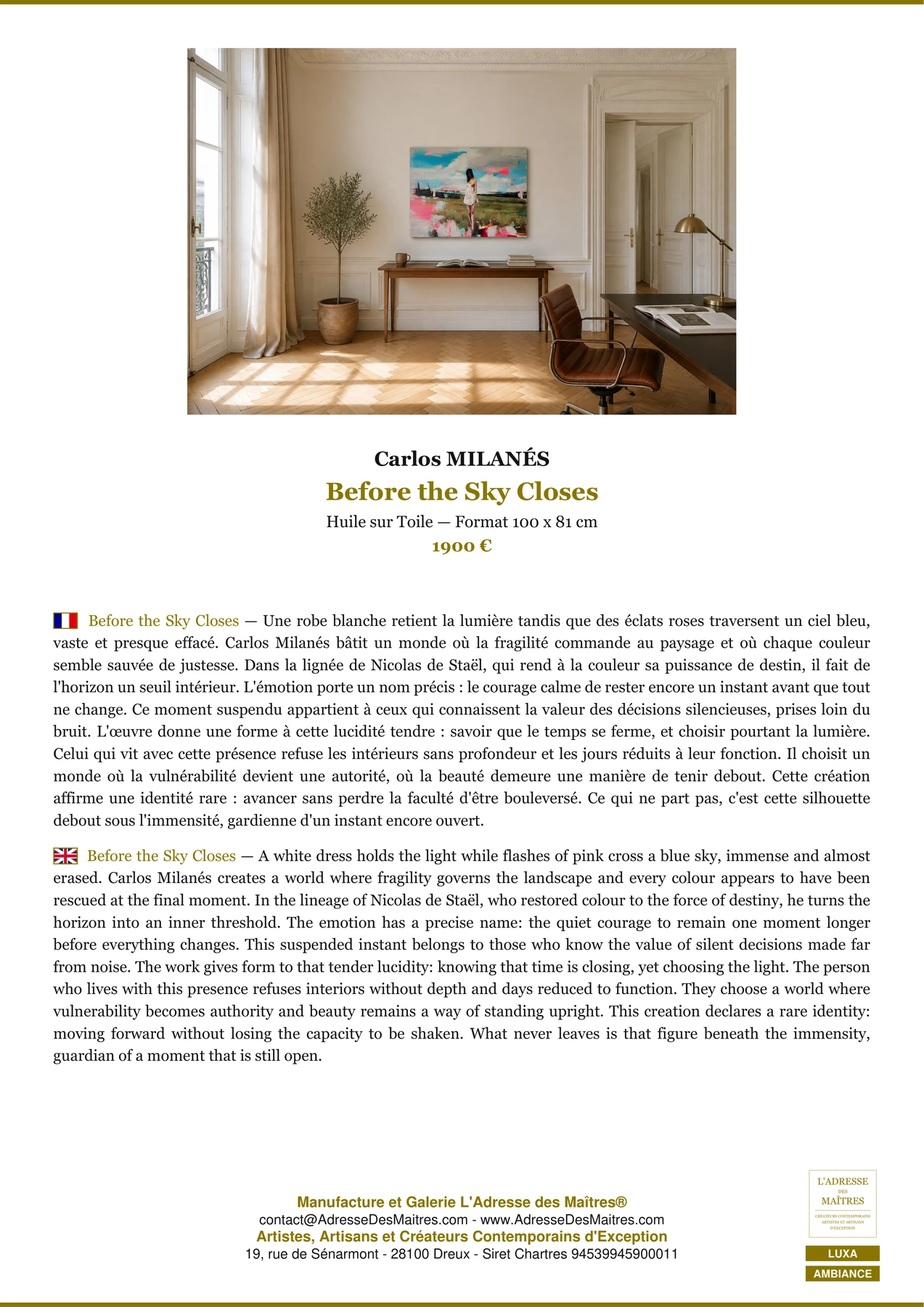Fiche Premium Ambiance - Before the Sky Closes - Carlos MILANÉS - L'Adresse des Maîtres®